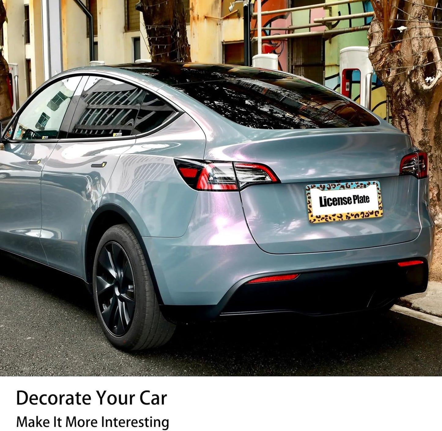 Blue Yellow Leopard License Plate Frame, Cheetah Leopar Print Car Accessories Car Tag Frame, Rust-Proof Waterproof Metal Aluminum License Plate Holder for Women Men 2 Holes with Screw Caps