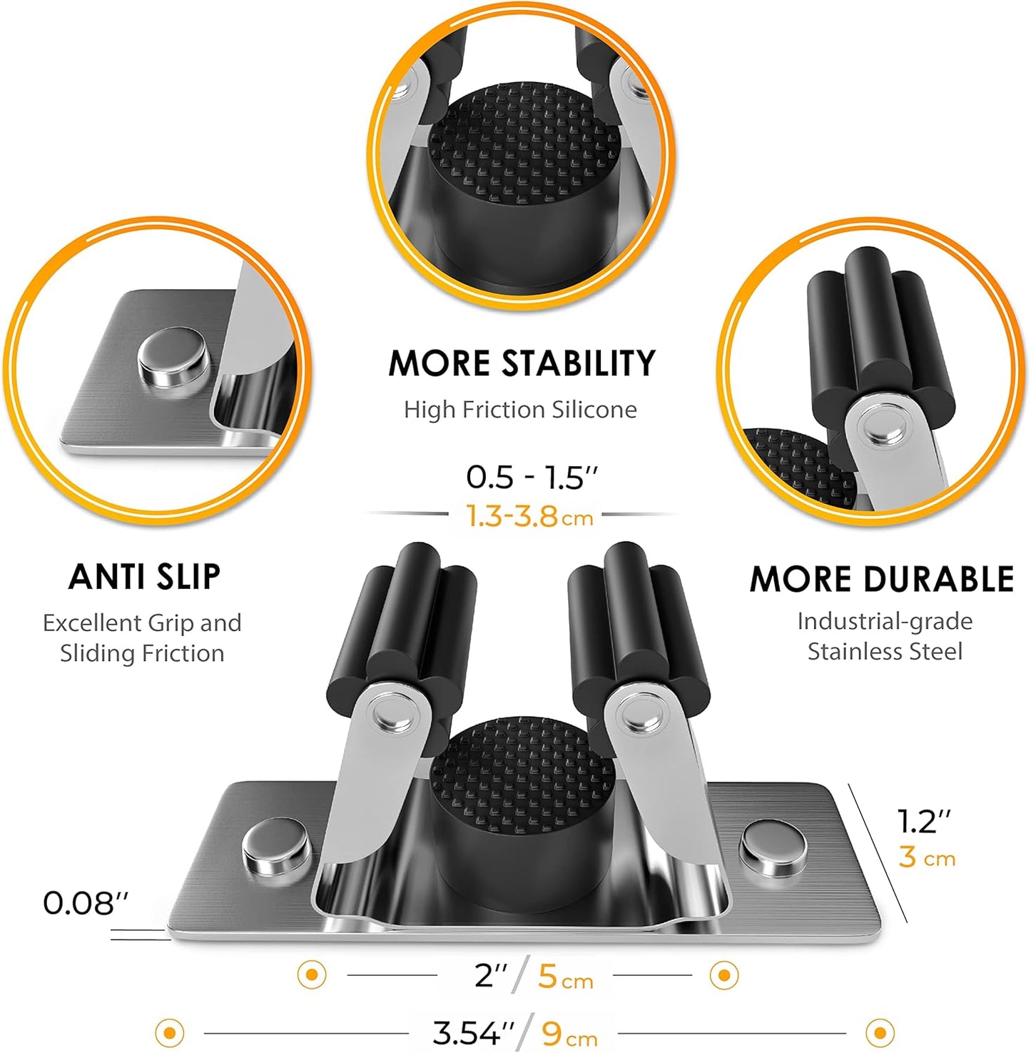 Self Adhesive Broom and Mop Holder Wall Mounted – SUS304 Stainless Steel 2-Slot Organizer with Anti-Slip Rubber Grips, 25lb Load, Adjustable for 0.6–1.4" Handles, Garage Kitchen Bathroom Use, 3 Pcs