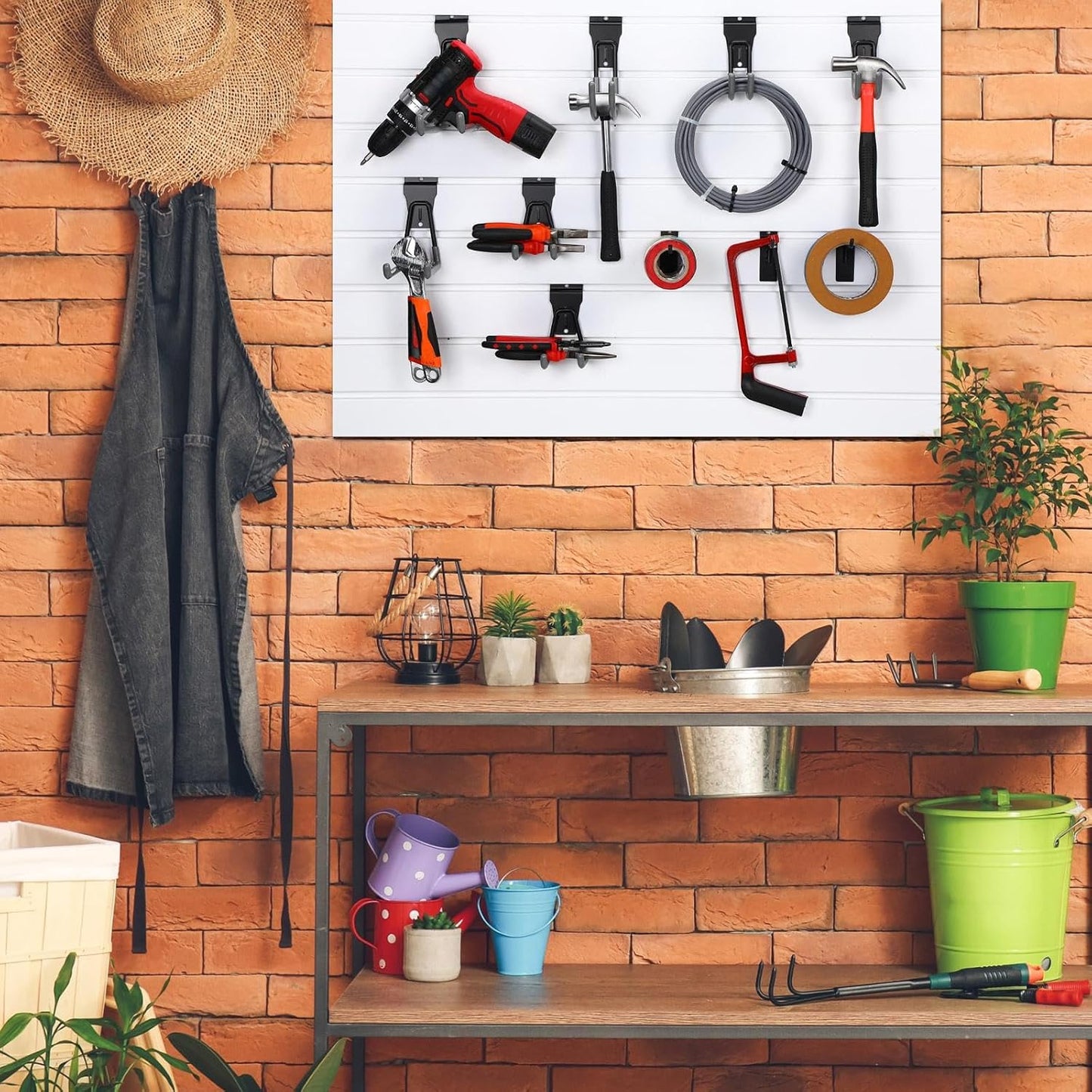 Landhoow 36 Pcs Slatwall Hooks & Hangers 32 Heavy Duty Slat Wall Hanging Hooks with 4 Storage Straps Assortment Slatwall Accessories for Storage Garage Wall Organization Garden Home (Grey)