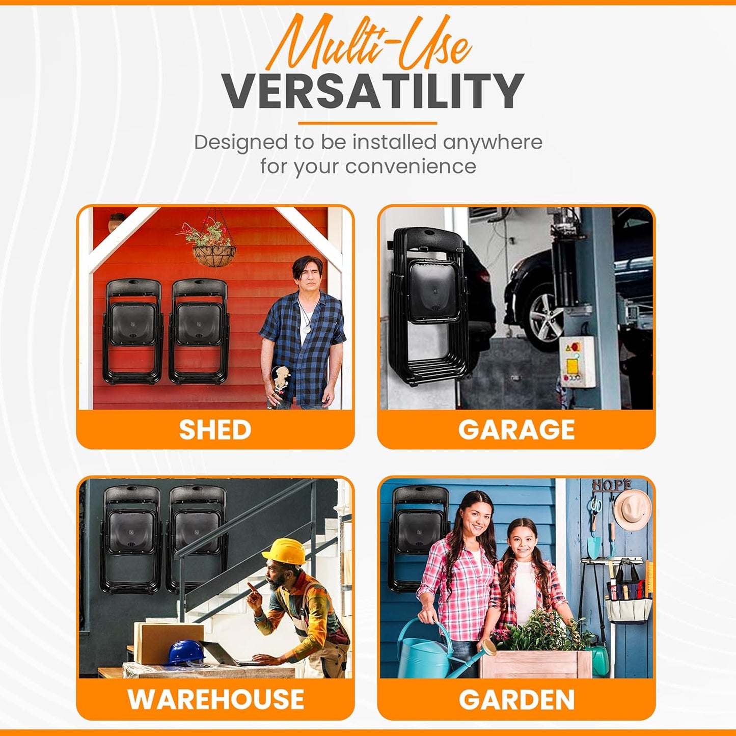 Heavy Duty Folding Chair & Tool Rack – Wall Mount Organizer for Garage, Garden, Beach & Camping – 2 Pack, 250 lbs Capacity Each