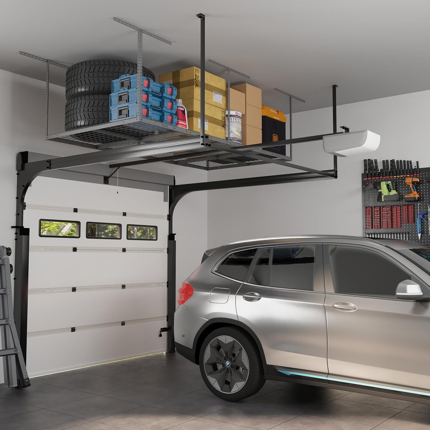 FLEXIMOUNTS 4x8 Overhead Garage Storage Rack, Adjustable Organization System, Heavy-Duty Metal Ceiling Racks, 600lbs Weight Capacity, Hammertone