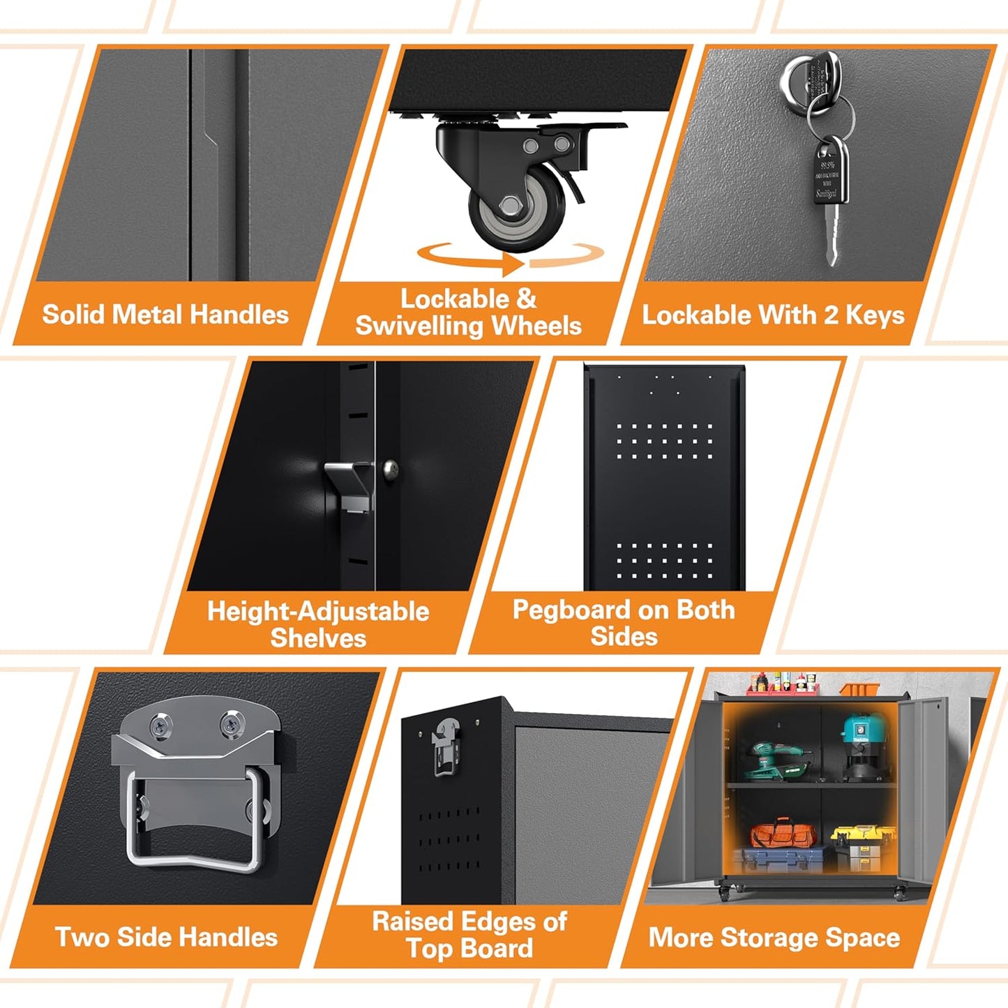 Metal Garage Storage Cabinet with Wheels, Adjustable Rolling Tool Storage Cabinet with Lock, 34" Steel Locking Tool Cabinet with Doors and Shelves for Garage, Warehouse (Black&Gray, 34.3" H)