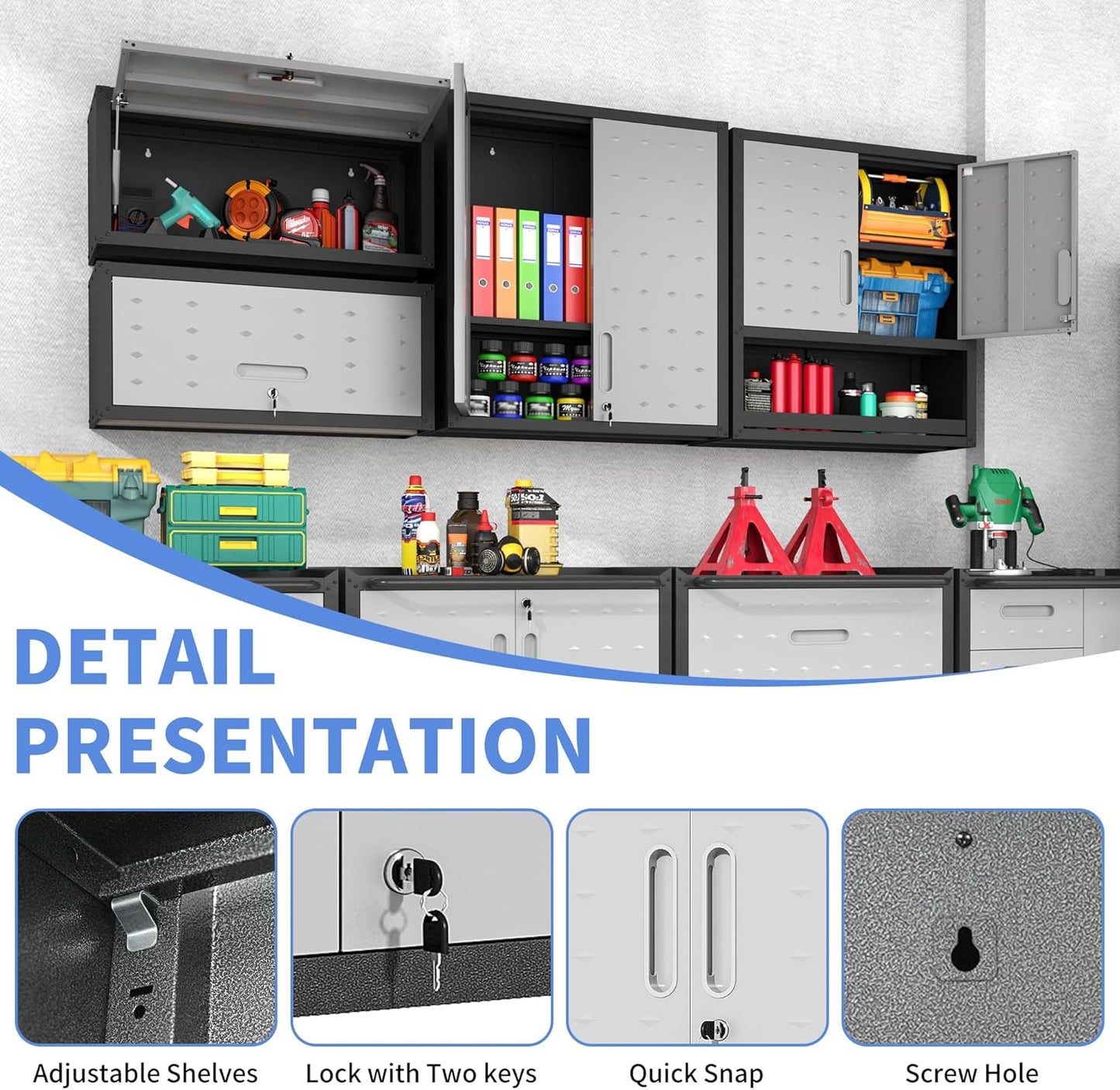 Metal Wall Cabinets with Doors and Shelves Black and Gray Garage Cabinets Wall Mounted Adjustable Storage Shelving Floating Garage Tool Cabinet,Wall Cabinet for Warehouse/Basement/Kitchen