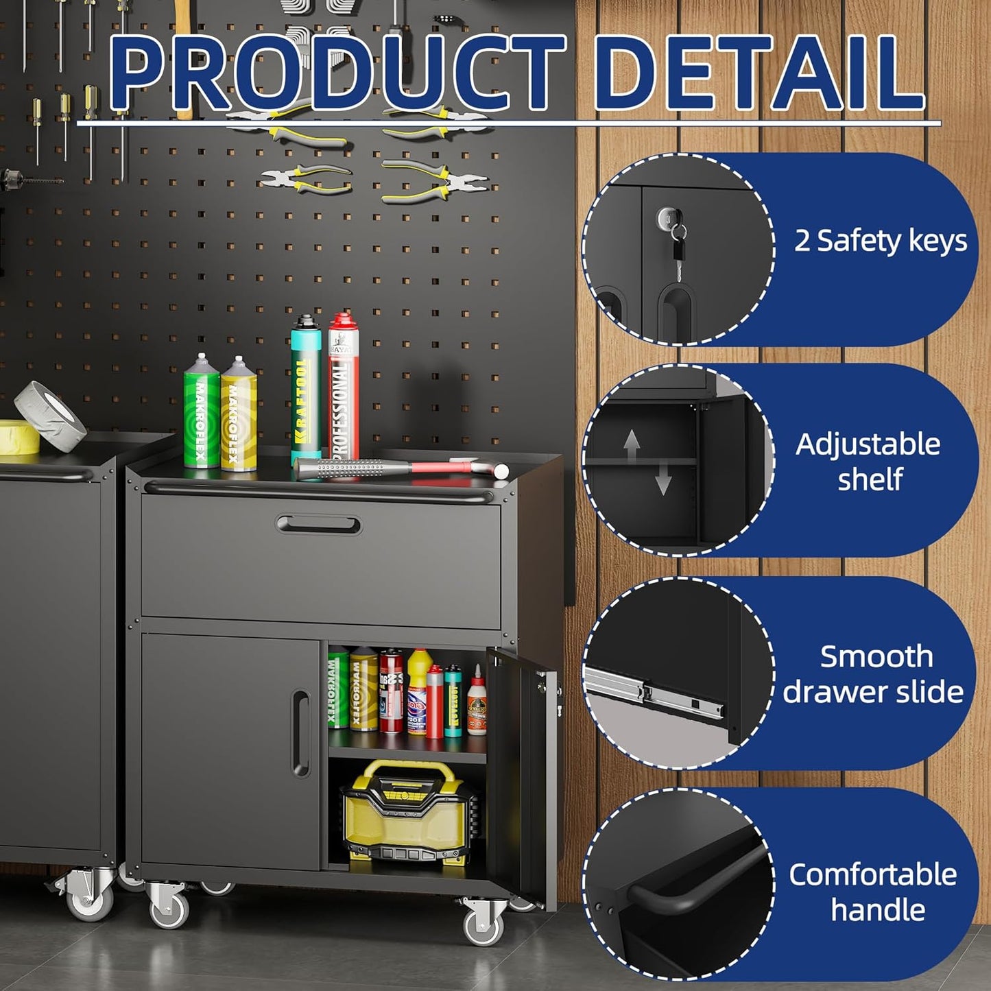 Metal Garage Storage Cabinet with Wheels,Locking Rolling Tool Cabinet with Drawers and Shelves for Home, Office, Garage & Workshop