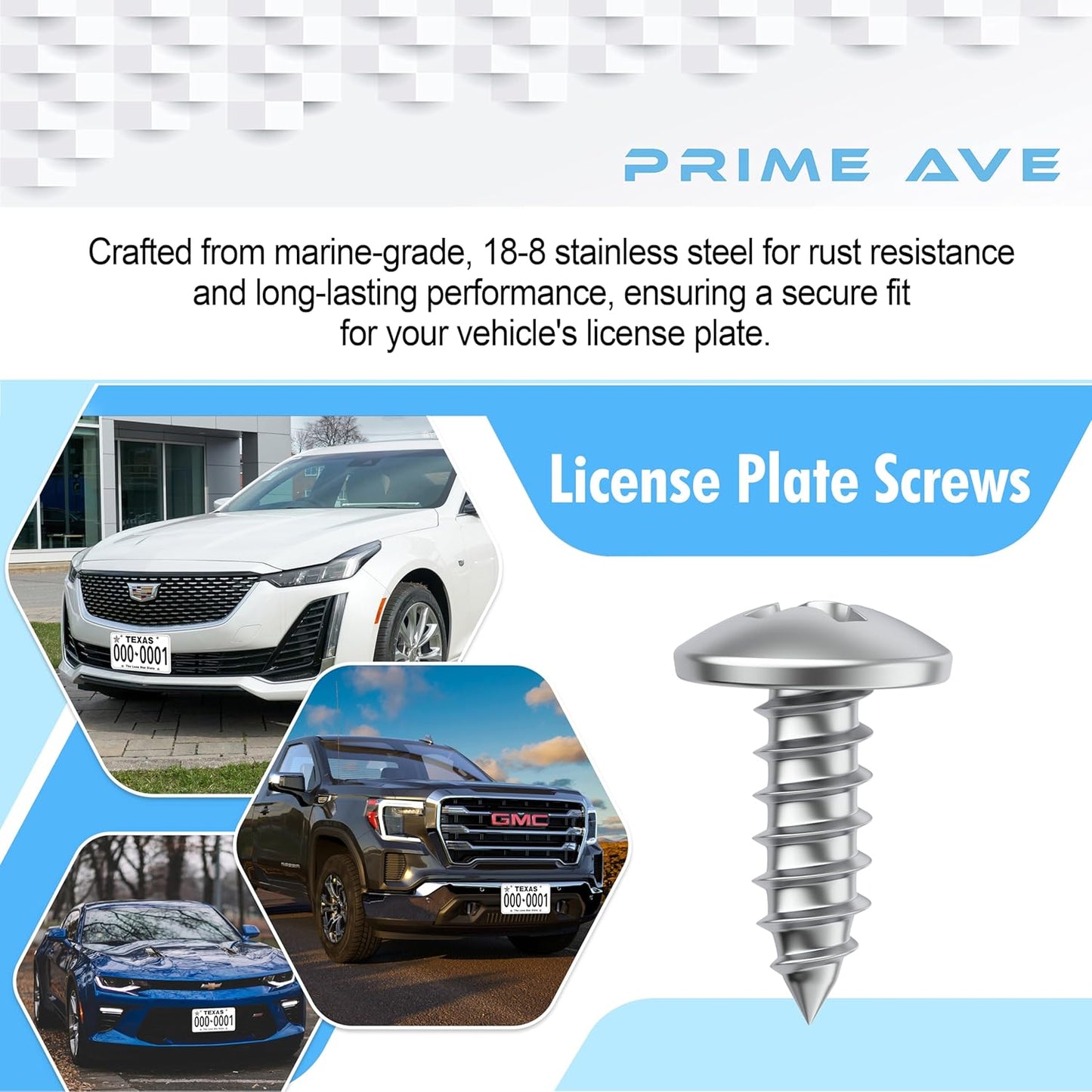 Stainless Steel License Plate Screws for License Plates, Frames, Covers - Rust Proof Licence Plate Screw Set for Front/Rear Compatible with Buick Cadillac Chevrolet GMC