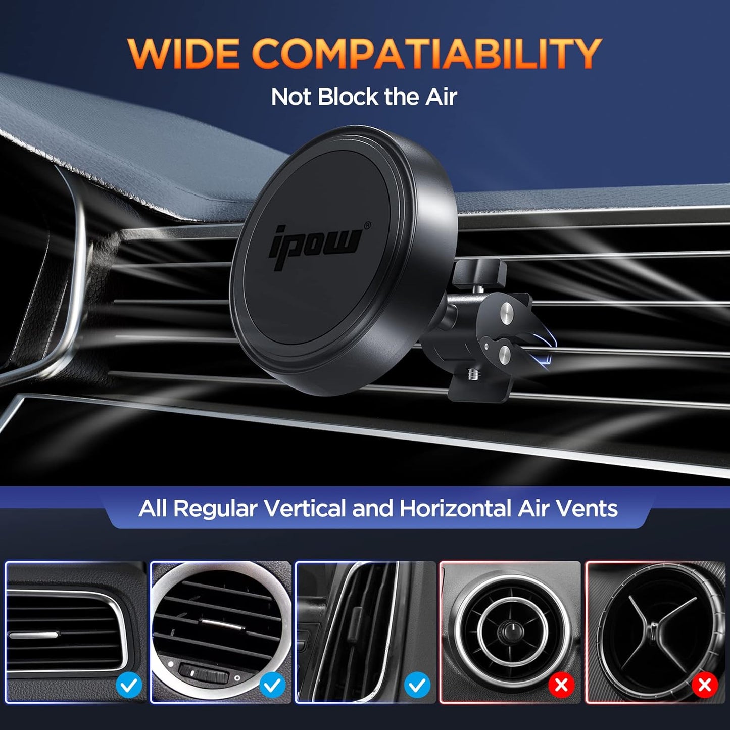 IPOW Magnetic Phone Holder for Car, [Upgrade Alligator Clip] Strongest Magnet Power Cell Phone Mount for Car Vent Compatible with iPhone 14 13 12 Pro Max MagSafe Case Samsung Galaxy Any Smartphones