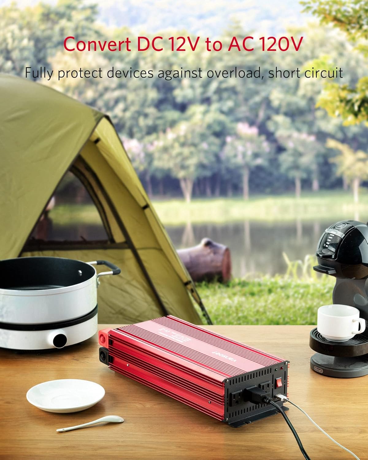 3000 Watts Power Inverter, 12V DC to120V AC Car Inverter with 3 AC Outlets and 2.4A USB Port, Battery Cables Included, 3000W Car Converter Suitable for Car RV Truck Boat(Red)