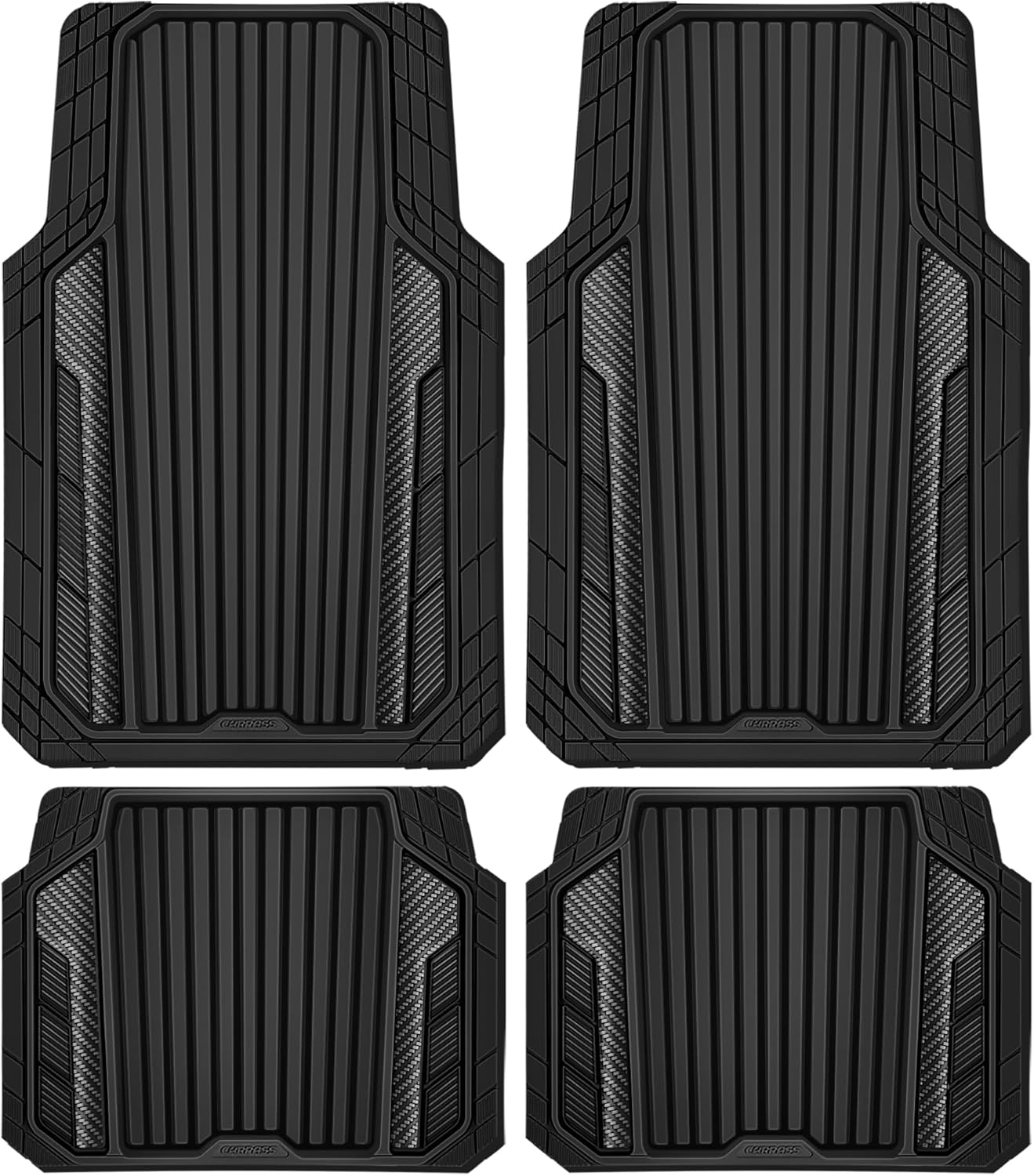 CAR PASS Heavy Duty Rubber Car Mats Metallic,Aluminum Film All Weather Floor Mats Waterproof Universal Trim to Fit SUVs Sedans Vans 4 Piece Anodized Deep Dish Two-Tone Sporty Carbon Fiber Black Chrome