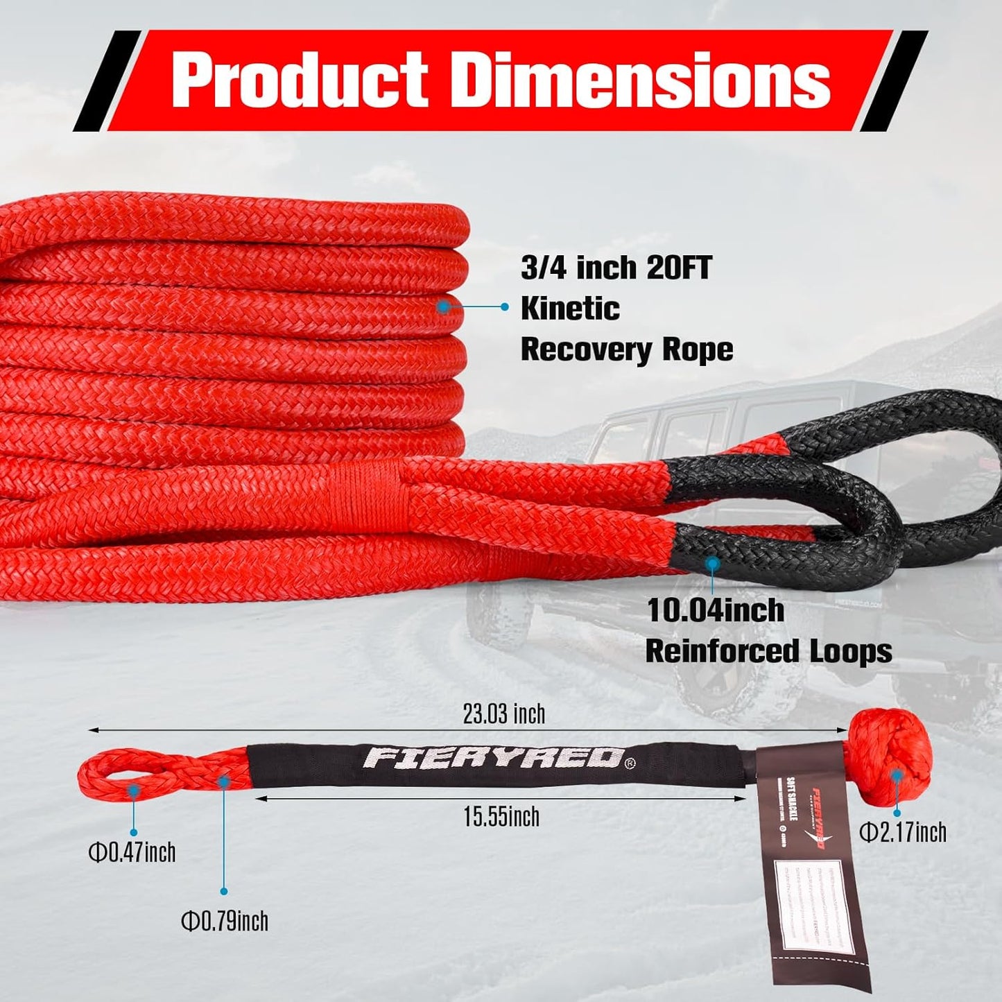 FieryRed 3/4” x 20FT Kinetic Recovery Rope Kit with 2 Soft Shackles, 26500LBS MBS Heavy Duty Tow Rope Snatch Strap Offroad for SUV, Truck, Car and Tractor