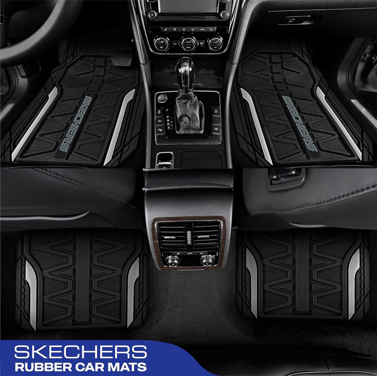 Skechers Heavy Duty Rubber Car Mats Full Set, All Weather Floor Mats, Waterproof Trim to Fit Universal Floor Liner, Automotive Floor Mats for Cars Trucks SUV, Sliver