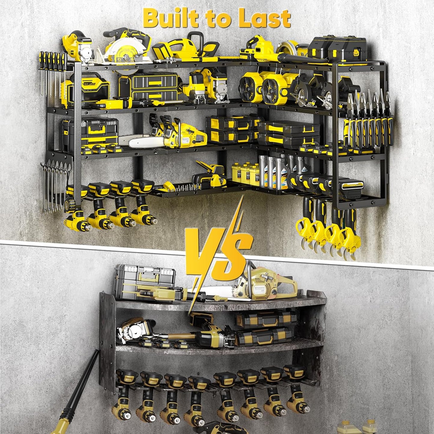64”W Power Tool Organizer Wall Mount, Heavy Duty 8-Drill Cordless Drill Holder Supports 800 lbs, 4-Layer Corner or Straight Assembly Large Tool Battery Storage Rack for Garage Workshop