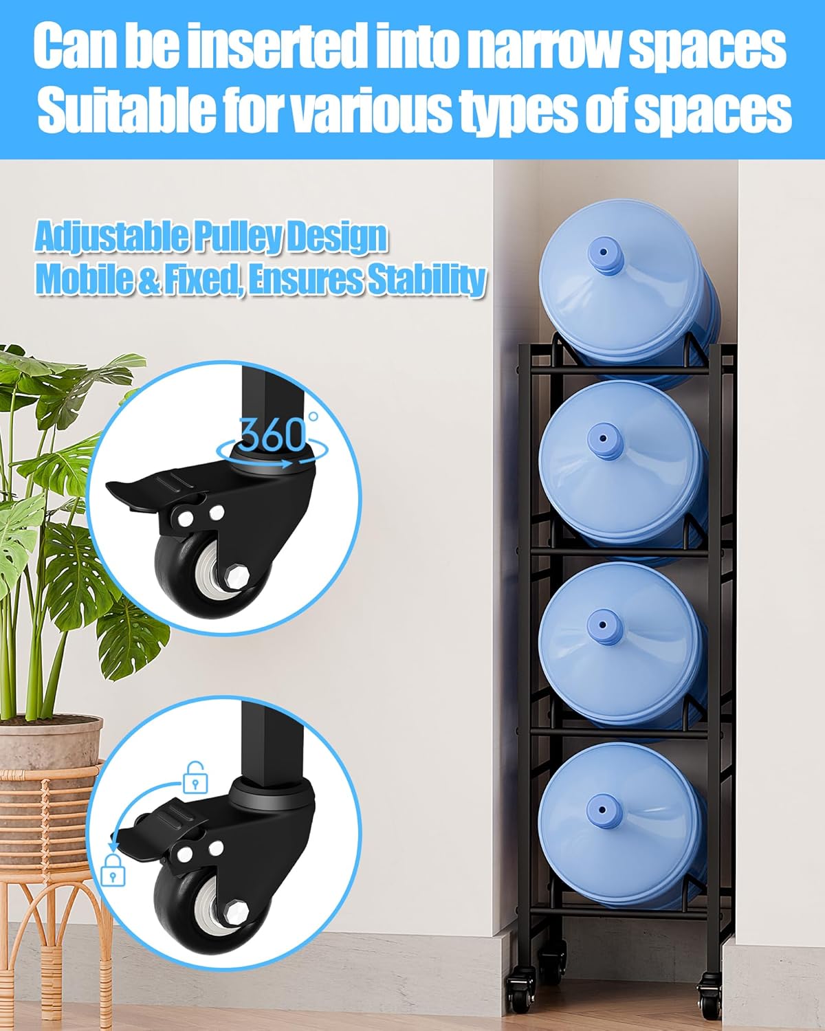 4 Tier 5 Gallon Water Rack with 4 Lockable Wheels - Water Bottle Jugs Holder Organizer with Movable Casters, Heavy Duty Water Storage Rack Dispenser Stand for Kitchen Office Garage/Black