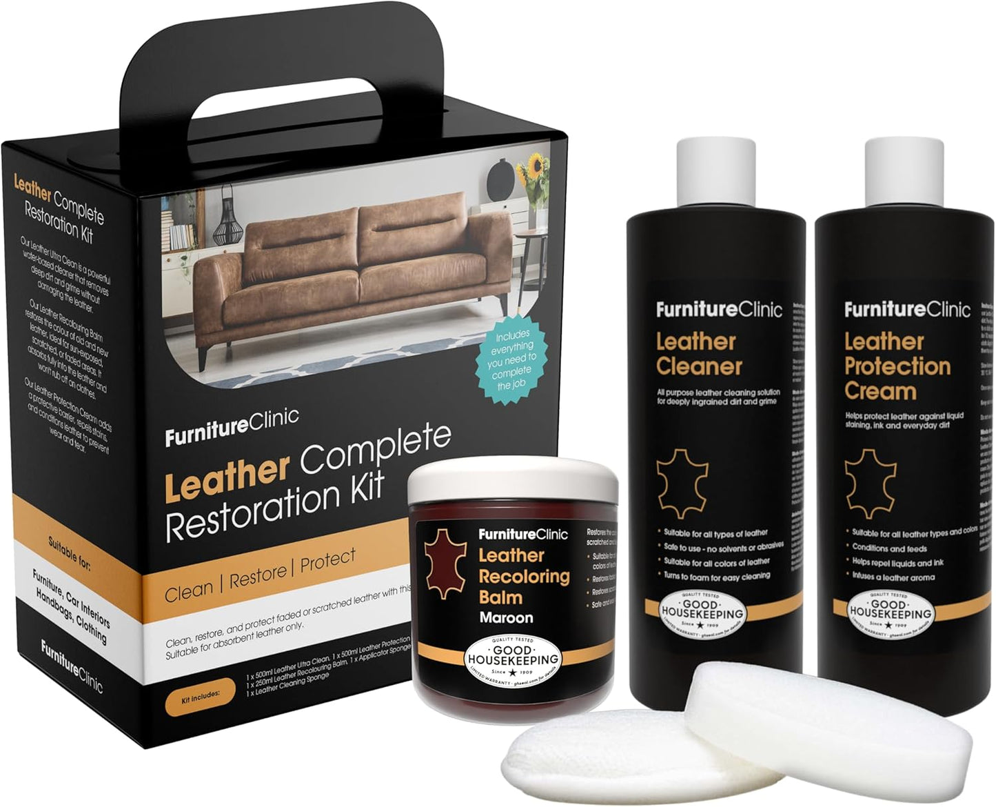 Furniture Clinic Leather Complete Restoration Kit | with Leather Recoloring Balm, Cleaner, 2-in-1 Protection Cream & Conditioner, Sponge, and Cloth | Repair Kit for Furniture (Maroon)