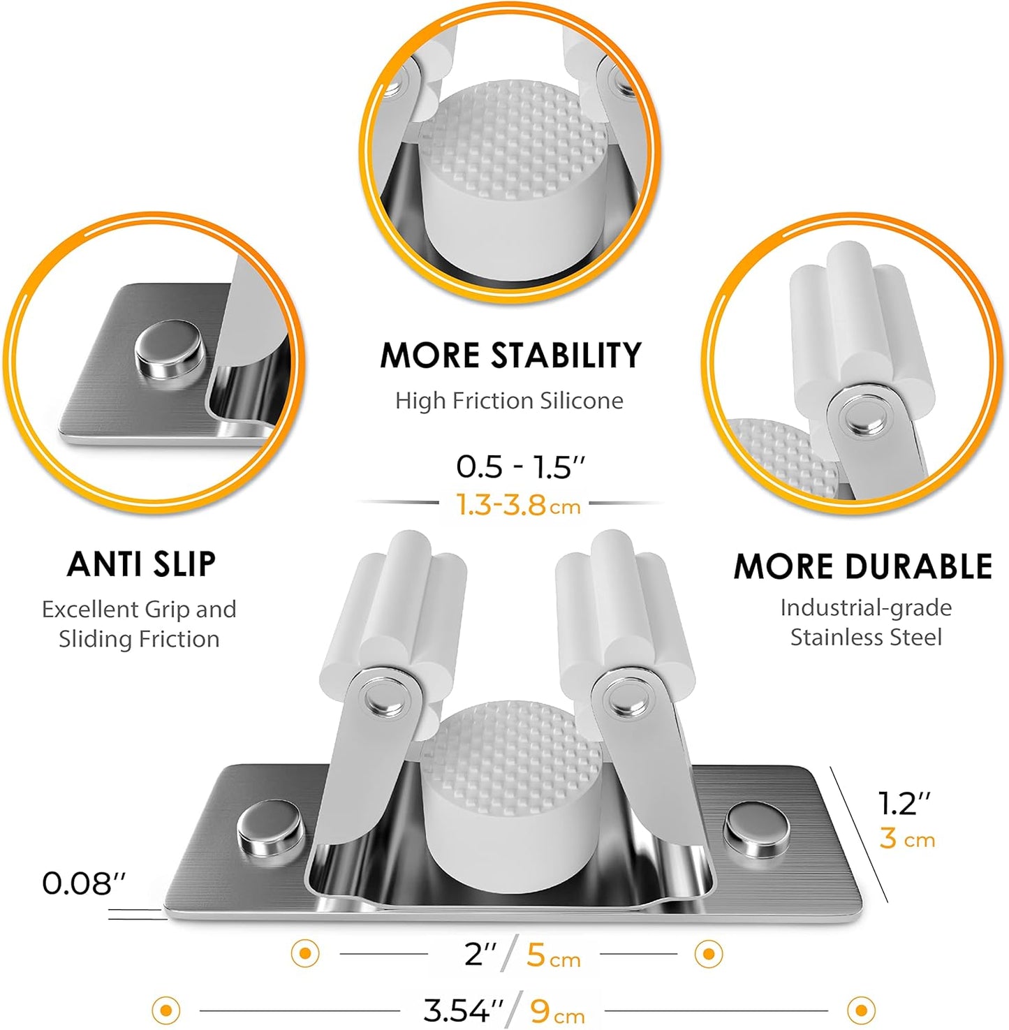 Self Adhesive Broom and Mop Holder Wall Mounted – SUS304 Stainless Steel 2-Slot Organizer with Anti-Slip Rubber Grips, 25lb Load, Adjustable for 0.6–1.4" Handles, Garage Kitchen Bathroom Use, 3 Pack