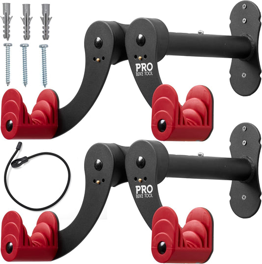 Pro-Bike Tool Bike Wall Mount - Adjustable Hanging Arms Horizontal Bike Rack - for Almost Every Bike - Bike Wall Hanger with Durable Metal Construction - Black/Red - Set of 2