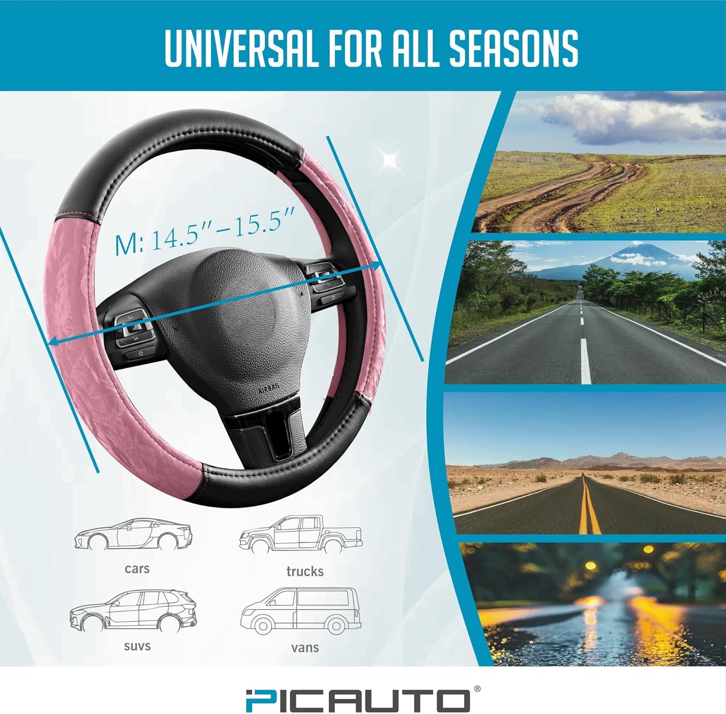 PIC AUTO Steering Wheel Cover, Silk Grain Leather Car Steering Wheel Protector, Comfortable Grip, Universal 14.5-15.5 Inch Anti-Slip Steering Wheels Accessories for Men & Women (Pink)