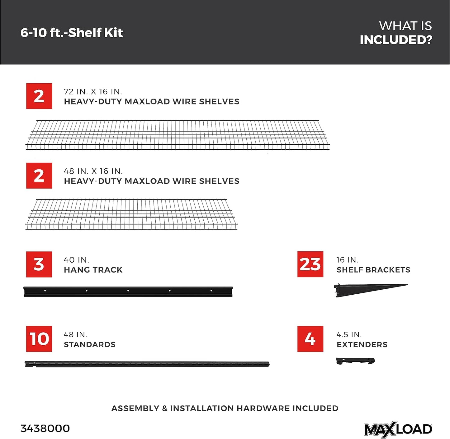 ClosetMaid MaxLoad Heavy Duty Wall Shelf Kit for Garage, 6 – 10 Ft., Adjustable ShelfTrack Wire Shelving, Black Finish