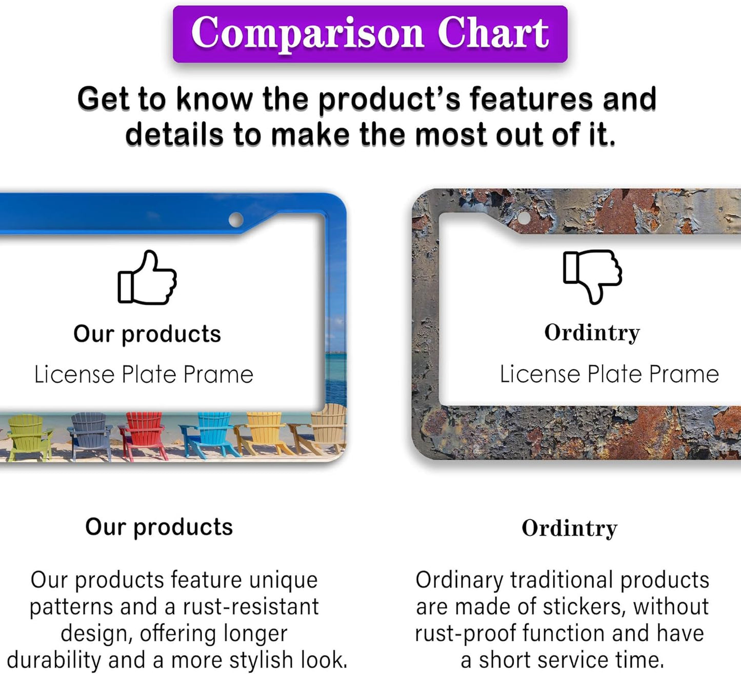 License Plate Frames License Plate Frame Beach Loungers Colorful Chairs in Tropical Summer Palm Tree Aluminum Metal Car Accessory 2 Pack with Screw Covers Set