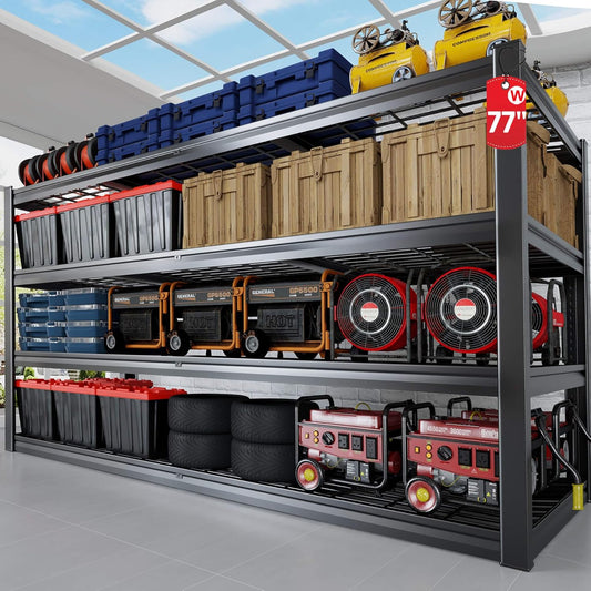 77" W Storage Shelves Heavy Duty Garage Shelving 4 Tier Metal Shelving Unit, Adjustable Shelves, 5000LBS Steel Industrial Shelving for Basement Warehouse Commercial, 77" W*24" D*72”H, Black