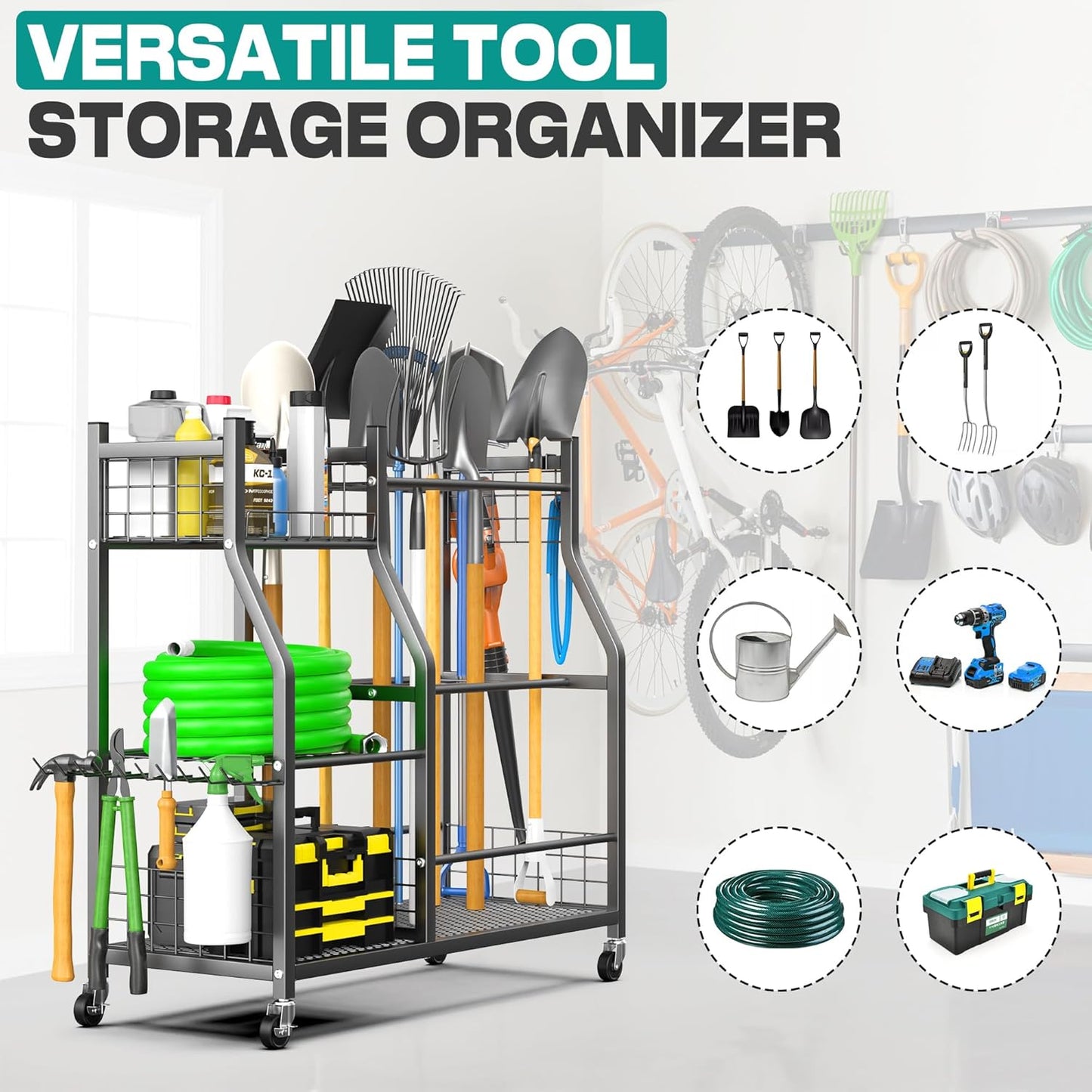 EVERHANGER Garden Tool Organizer Stand, Garage Tool Storage Organization, Yard Tool Racks with lockable wheels, Fit for Long-Handled Tools/Rakes/Brooms