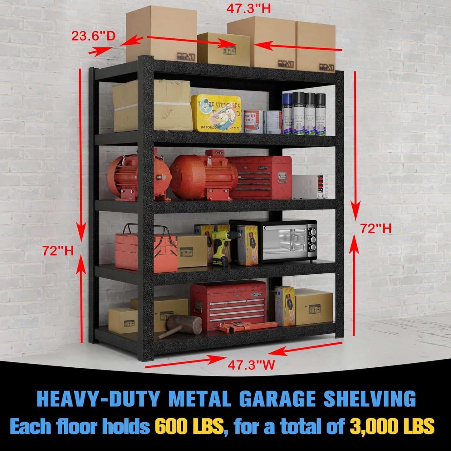 72" Hx47.3 Wx23.6 D 5 Tier Garage Shelving Heavy Duty Garage Storage Shelves 3000 lbs Heavy Duty Shelving Adjustable Matte Black Metal Shelving Industrial Rack (72" Hx47.3 Wx23.6 D)