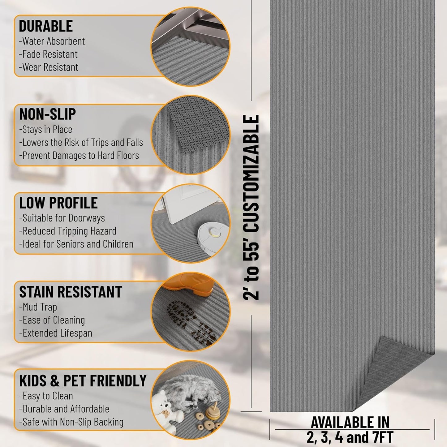 Ottomanson 2'7" x 40' Hallway Runner with Scraper Pile - Extra Durable Non-Slip Rug Mat for Indoor & Outdoor Use - Ideal for Kitchen, Entryway & Garage - High-Traffic Carpet, Gray