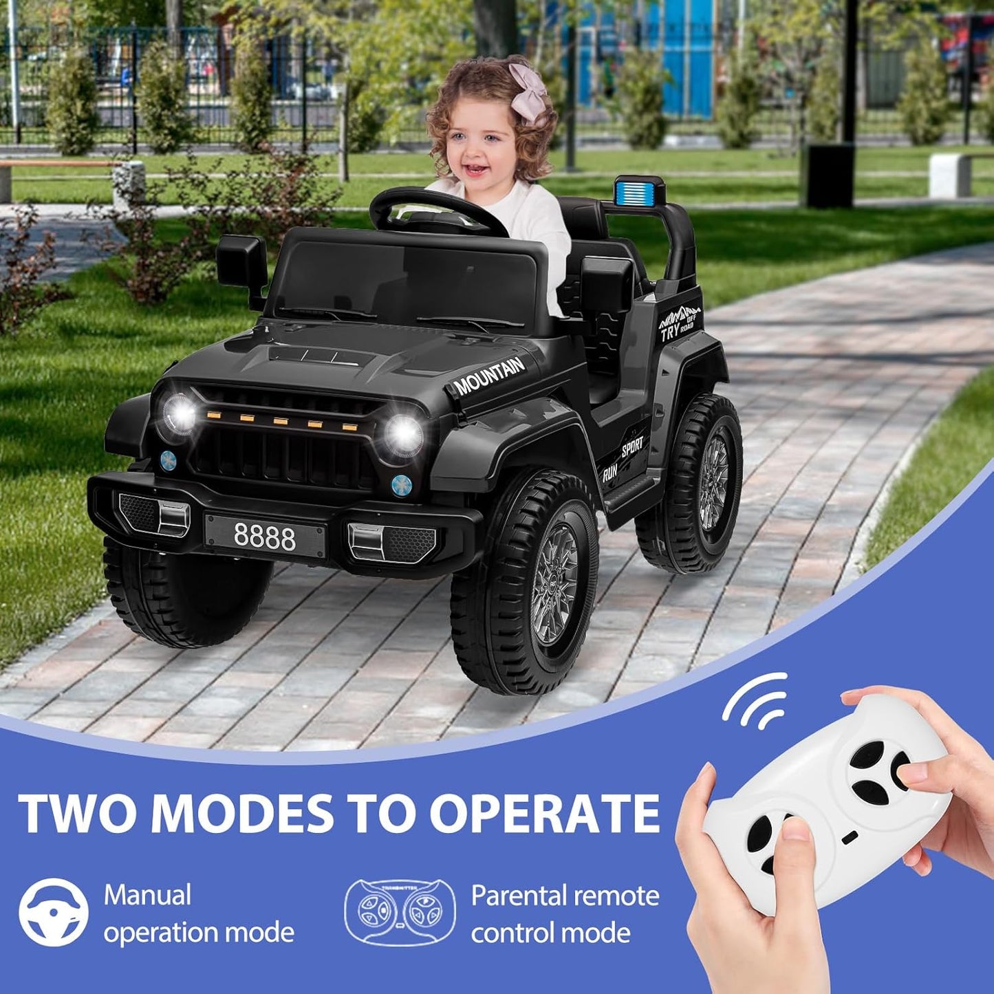 12V Kids Ride on Truck Car, 4 Wheeler Electric Vehicles with Remote Control, Spring Suspension, 3 Speeds, LED Lights, Music, MP3, Battery Powered Ride on Toy Gift for Boys Girls, Black