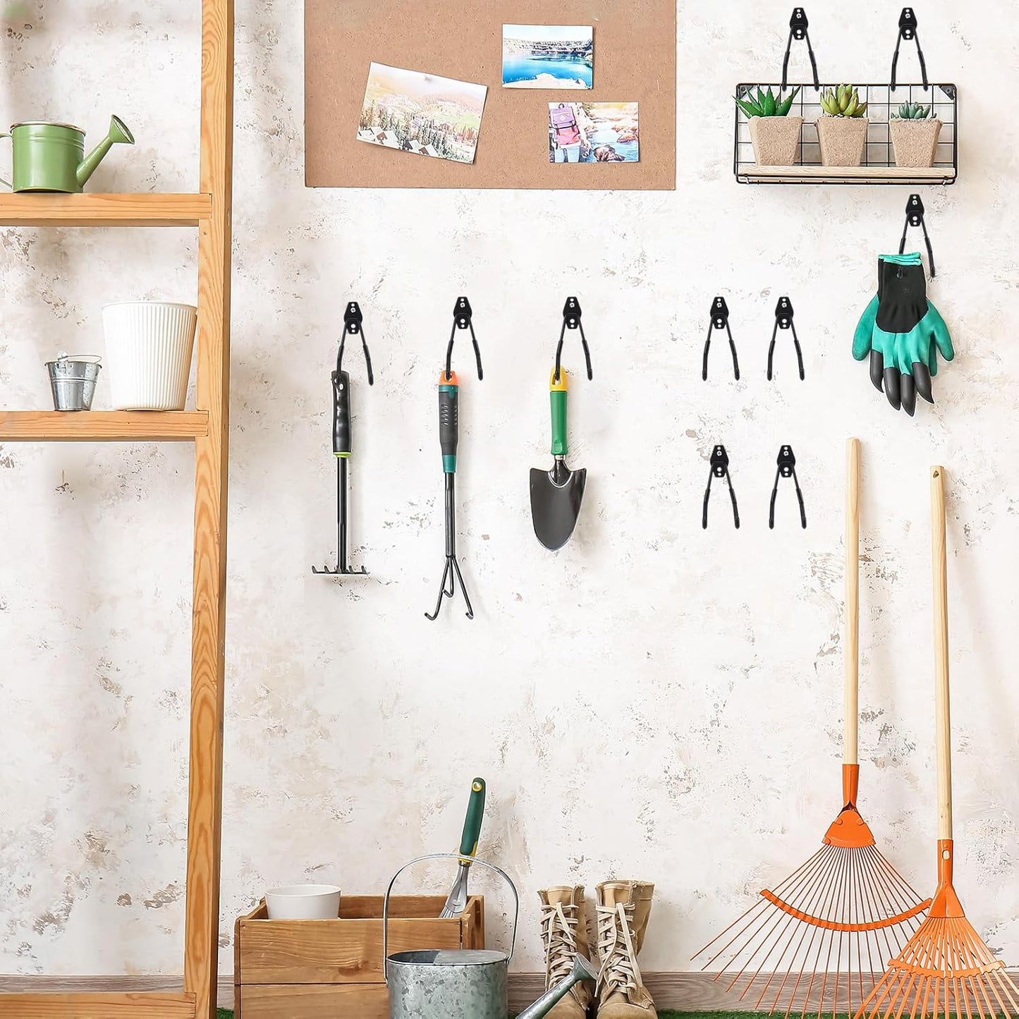 Landhoow 20 Pack Garage Hooks Set Include 12 Pcs Steel Garage Hooks Heavy Duty and 8 Pcs Extension Cord Organizers Utility Wall Mount Storage Hanger for Hanging Bike Garden Lawn Tool Ladder (Black)