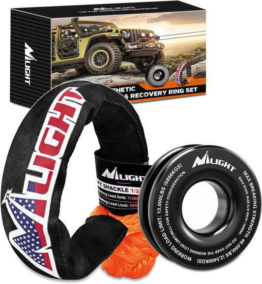 Nilight Synthetic Soft Shackle & Recovery Ring Kit 1/2inch x 24inch Soft Shackle (56,000 LBS Breaking Strength) with Snatch Ring (46,000 LBS MBS) for 4x4 Truck SUV ATV Off Road, 2 Years Warranty