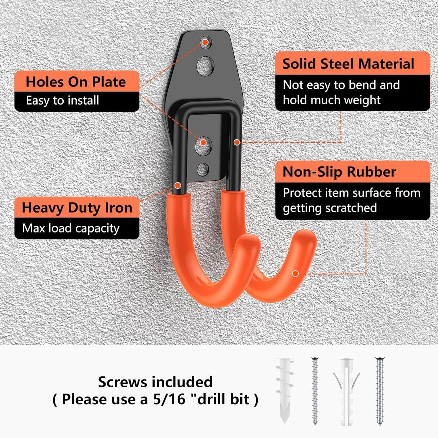4 Pack 4.7x2.6 Inch Utility Steel Wall Mount Heavy Duty Garage Hooks with Anti-Slip Coating,Storage More Yard,Garden and Power Tools and for Hanging Hose,Ladder and Bike