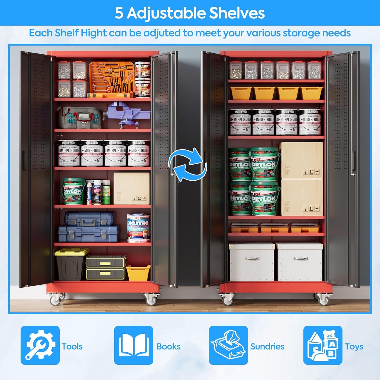 71" H×32" W×16" D Garage Storage Cabinet with Wheels, Locking Metal Storage Cabinet with 5 Adjustable Shelves, 4 Hooks and Pegboard for Garage, Home Office, Kitchen, Black and Red