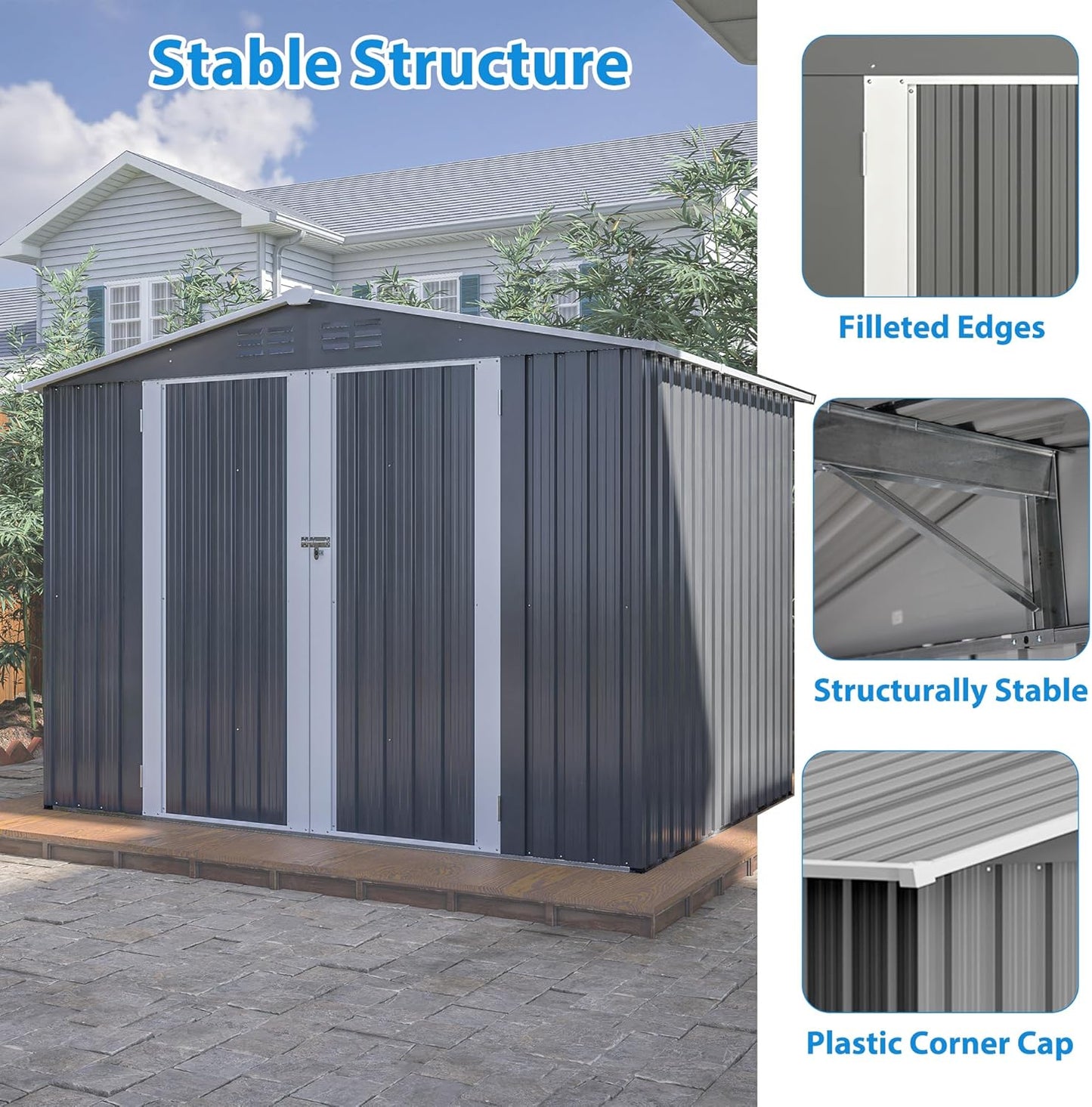 8 x 6 FT Outdoor Storage Metal Shed, Bike Garden Tool Shed with Slooping Roof, Lockable Doors and Aluminum Frames, Shed Easy to Assemble for Garden, Patio, Lawn, Grey