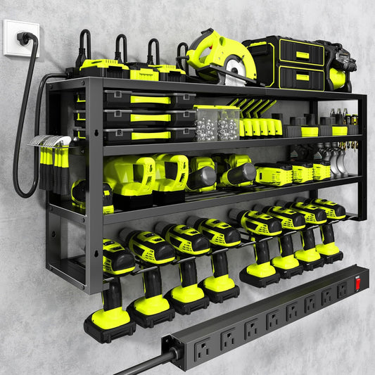 Large Power Tool Organizer Wall Mount with Charging Station, 8 Outlet Power Strip, 4 Layers 8 Drill Holder Heavy Duty Metal Tool Storage Loads 420lbs with Screwdriver Holder, Utility Racks for Garage