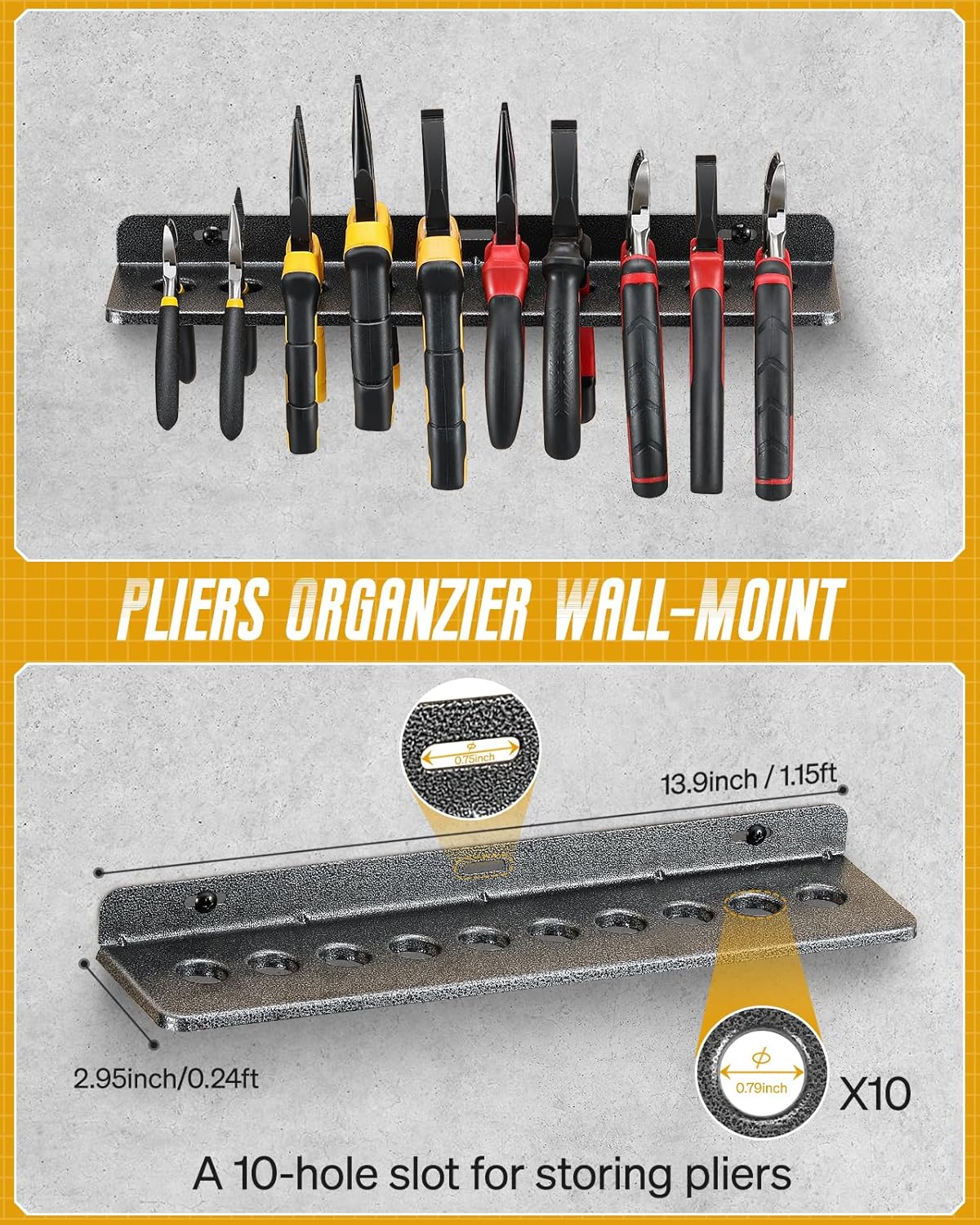 Wall Mount Screwdriver Organizer, Pliers Holder, Hammer Rack, 17x8.5-inch Storage Board, 4PCS Alloy Steel Hand Tool Storage Organizer for Garage Workshop