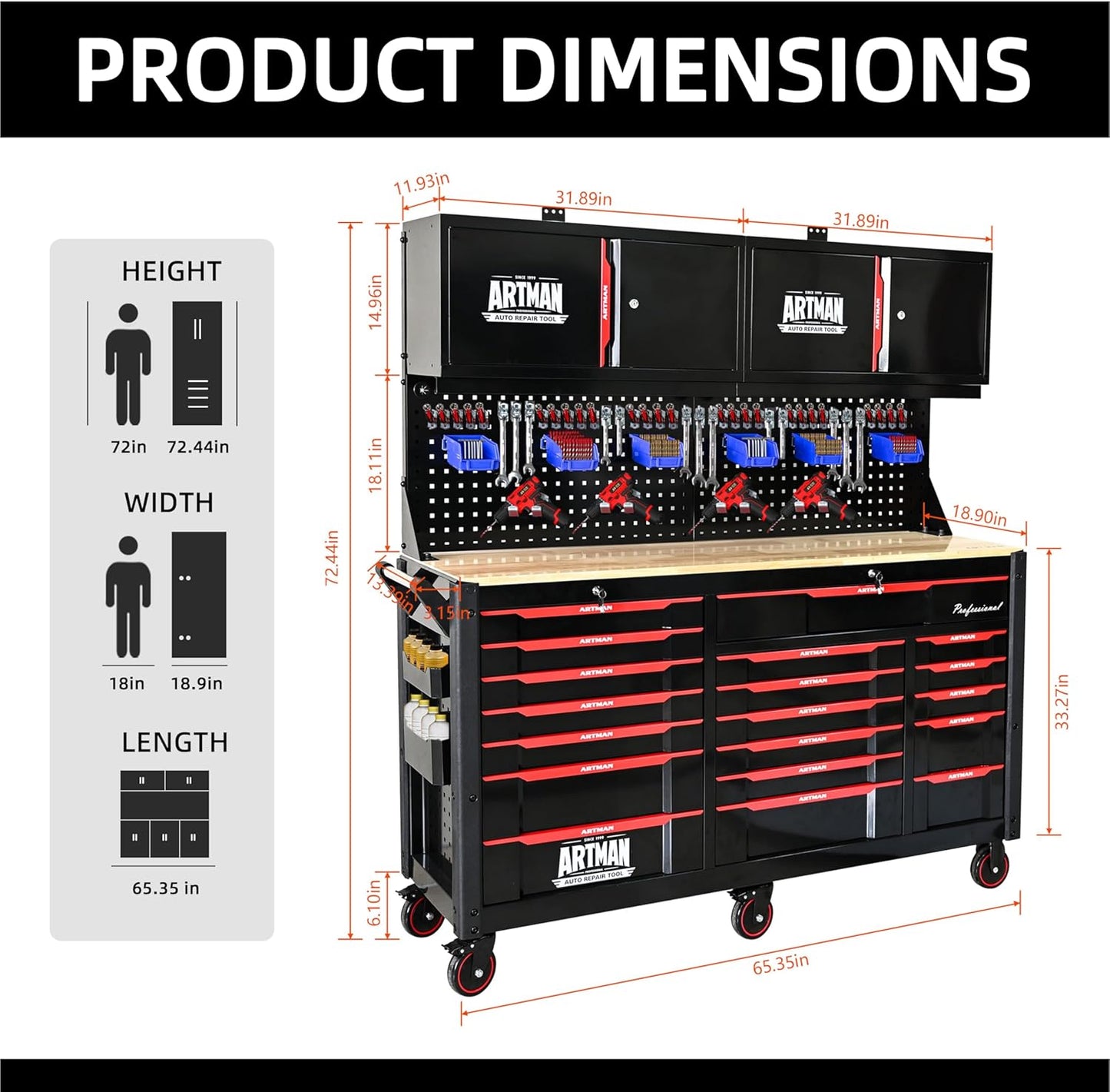 72-Inch Garage Cabinets and Storage System with 19 Drawers Rolling Tool Chest Large Mobile Workbench Heavy Duty Wood Top Tool Cart on Wheels for Garage, Workshop, Warehouse, Laboratory