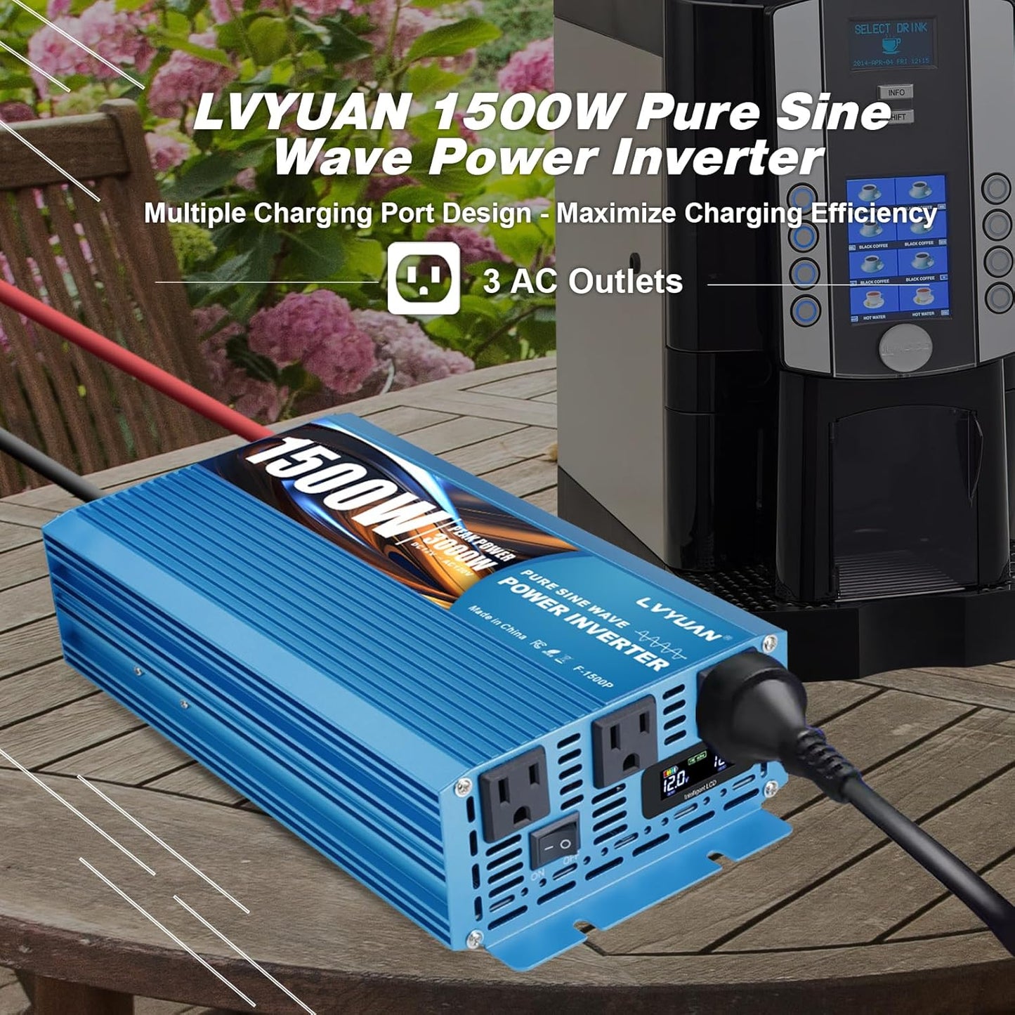 LVYUAN 1500 Watt Pure Sine Wave Inverter 12V to 110V 120V DC to AC with LCD Display, 3 U.S. Outlet, USB Charger Ports, Car Power Inverter for Vehicles, RV, Outdoor, Home
