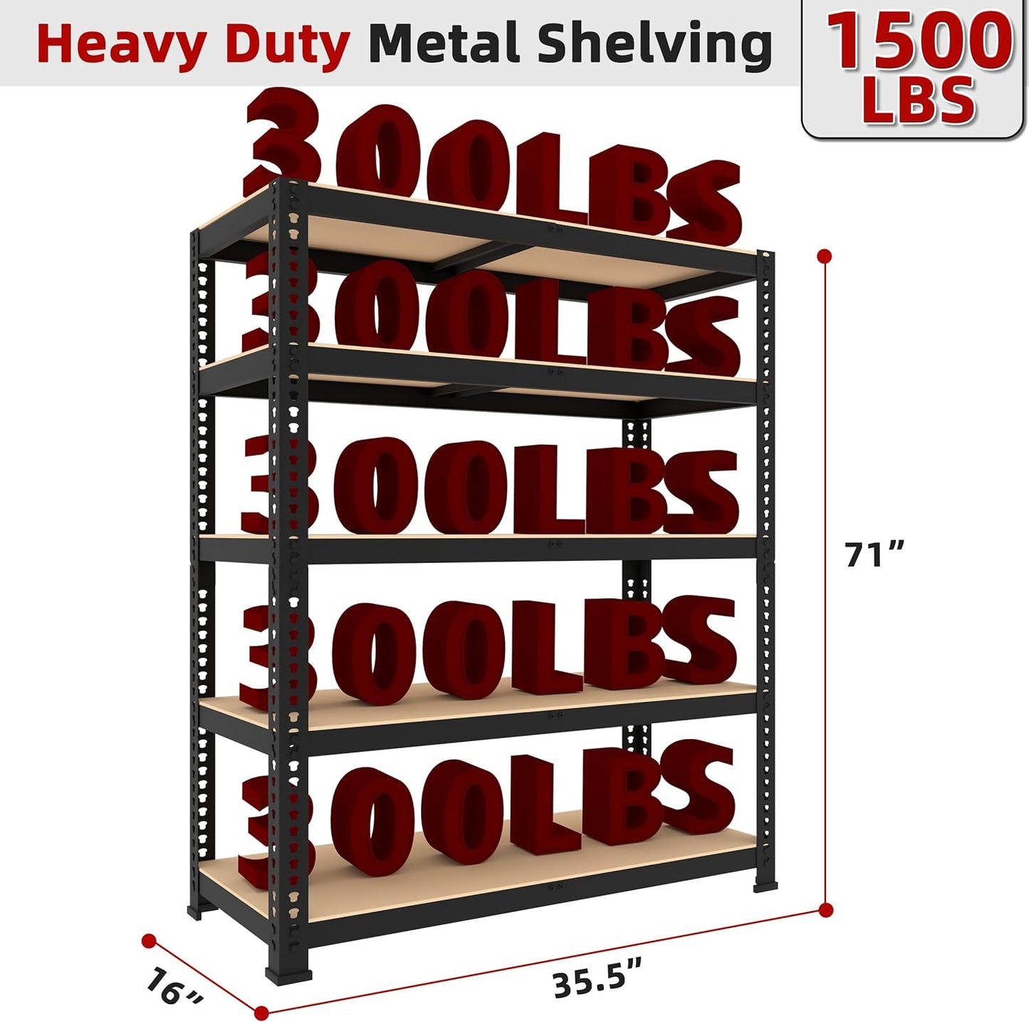 4 Packs 35.5" W x 16" D x 71" H Adjustable Garage Storage Shelves - 5-Shelf Heavy Duty Shelving Unit, Metal Utility Storage Organizer Racks for Warehouse Pantry Closet Kitchen, Black