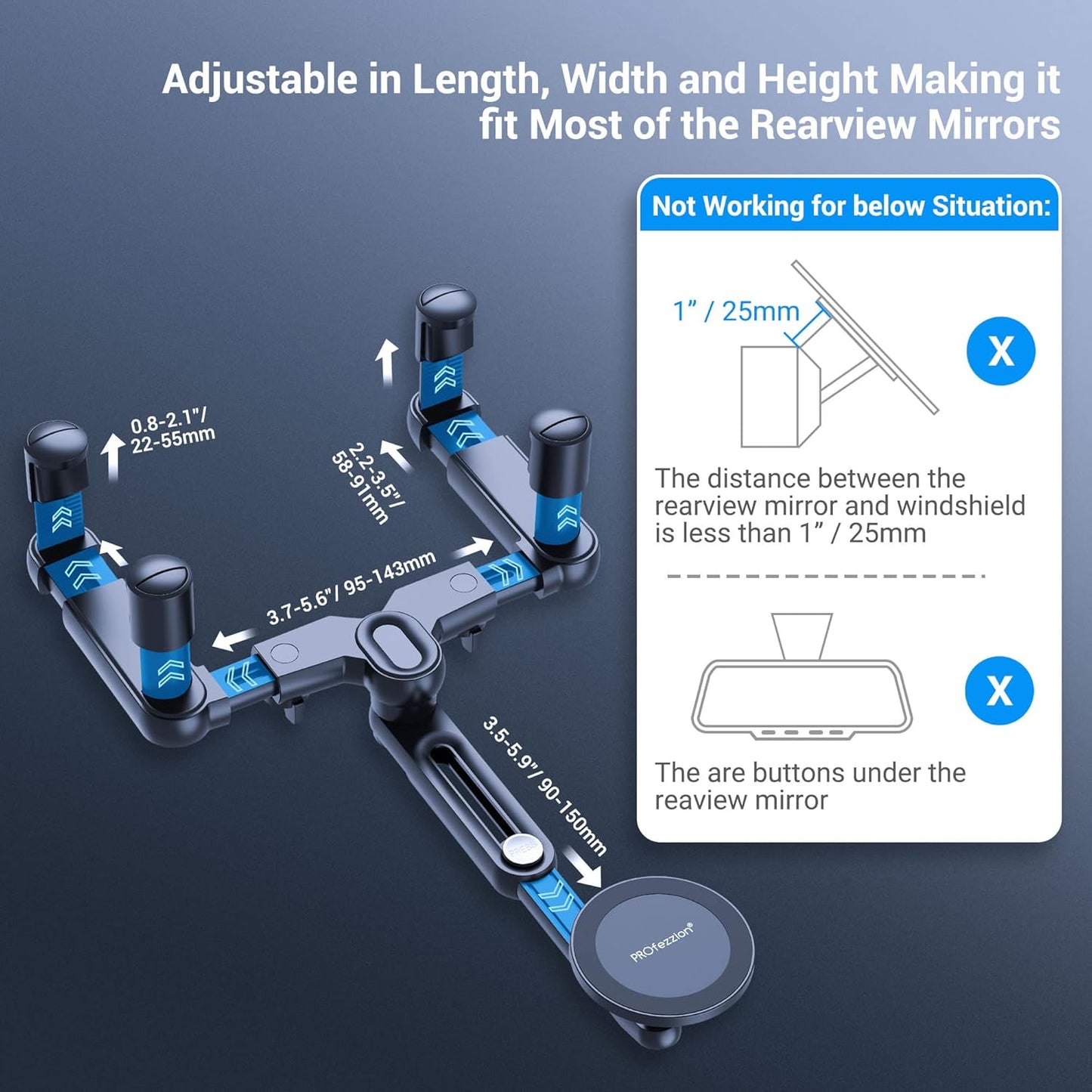 PROfezzion Rearview Mirror & Vent Clip Combo Magnetic Phone Holder Compatible with MagSafe on Car Rear View Mirror for iPhone 16 15 14 13 12 Pro Max Plus, MagSafe Case & All Phones [No Vibrating]