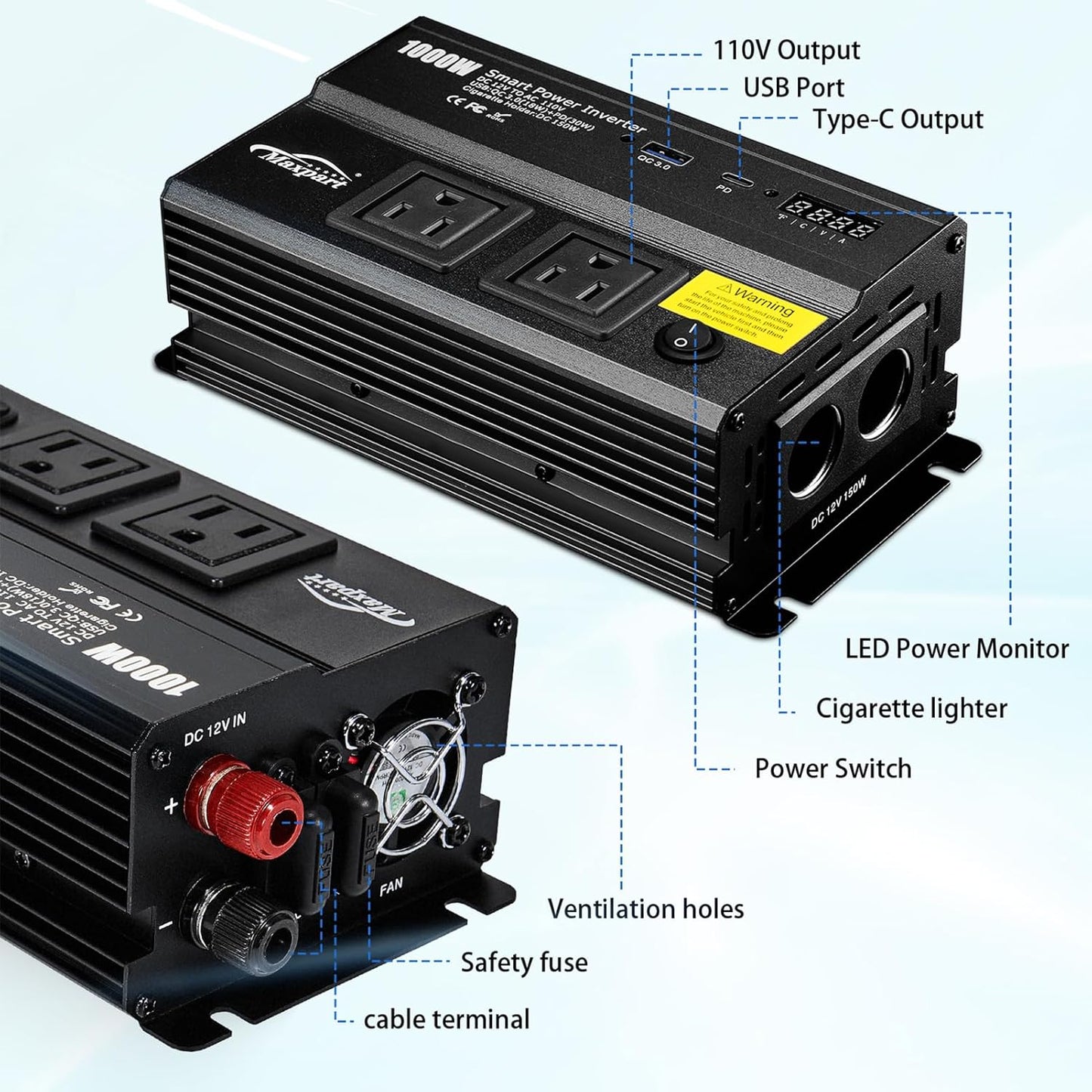 1000W Inverter for Car Power Inverters,12v DC to 110v AC Converter with 3.0 A USB Type-C Outlets, 12 Volt Inverter Car Cigarette Lighter Battery Inverter for Vehicles, Power Inversor 1000 Watts Black