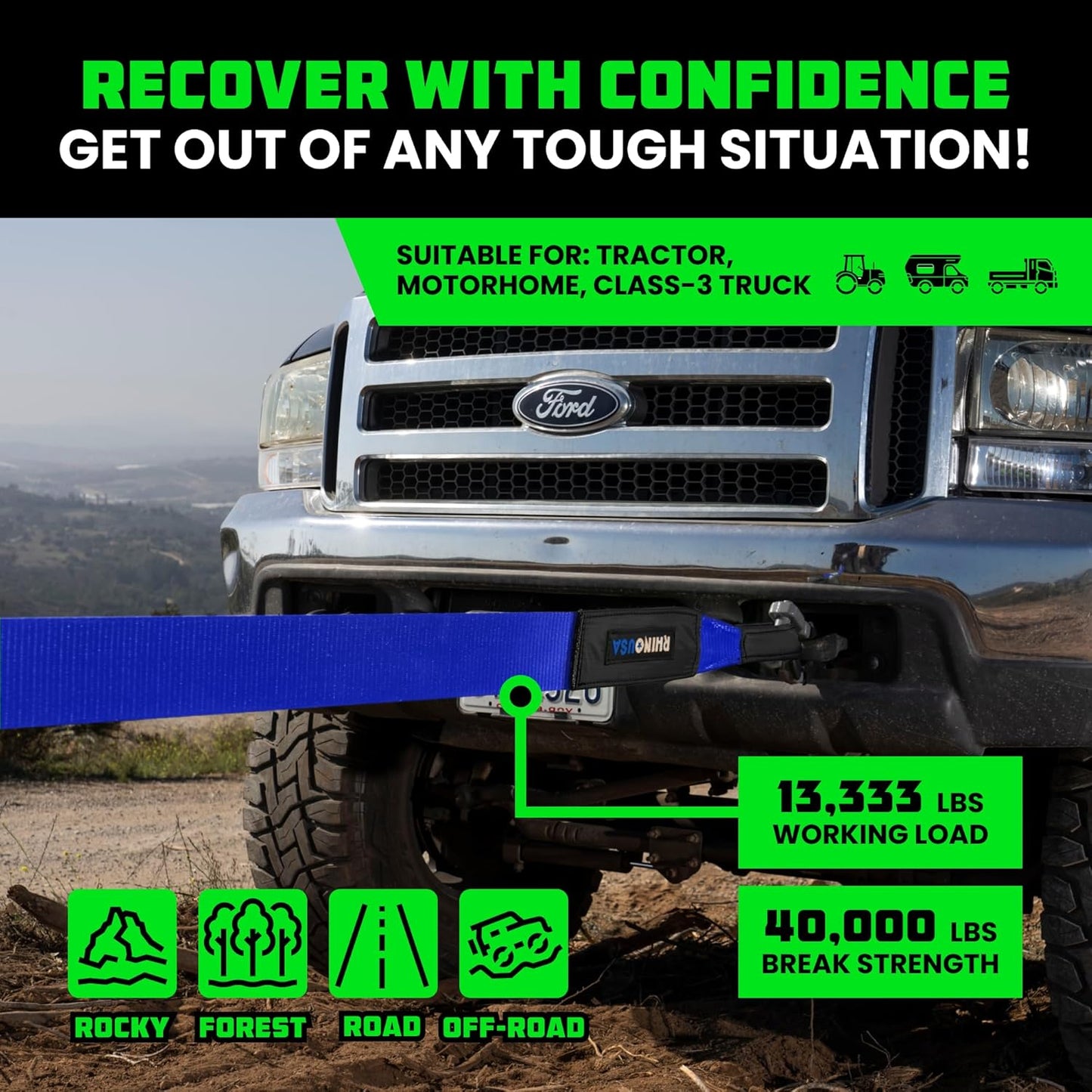 Rhino USA Recovery Tow Strap (4" x 30') - 40,320lb Break Strength - Emergency Recovery Strap Tow Rope for Diesel Trucks, Backhoe, Excavators & More - Heavy Duty Towing Strap for Offroad 4x4 Use (Blue)