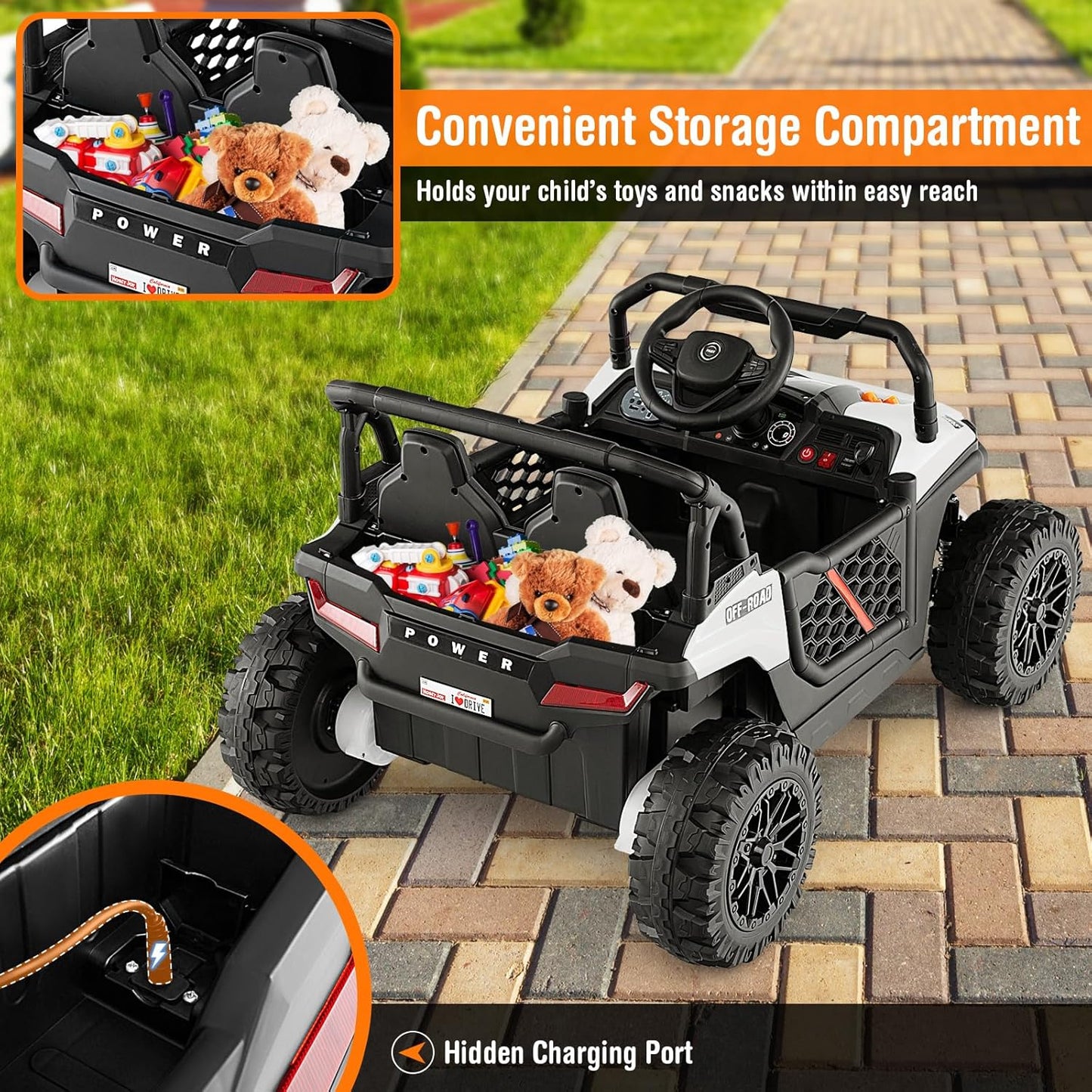 Costzon Kids UTV, 12V Battery Powered Electric Off-Road Car w/Remote Control, Sounds, Wireless Connection, 3 Speeds & 4-Wheel Suspension, Kids Ride on Truck, Gift for Boys & Girls 3+ Years Old (White)