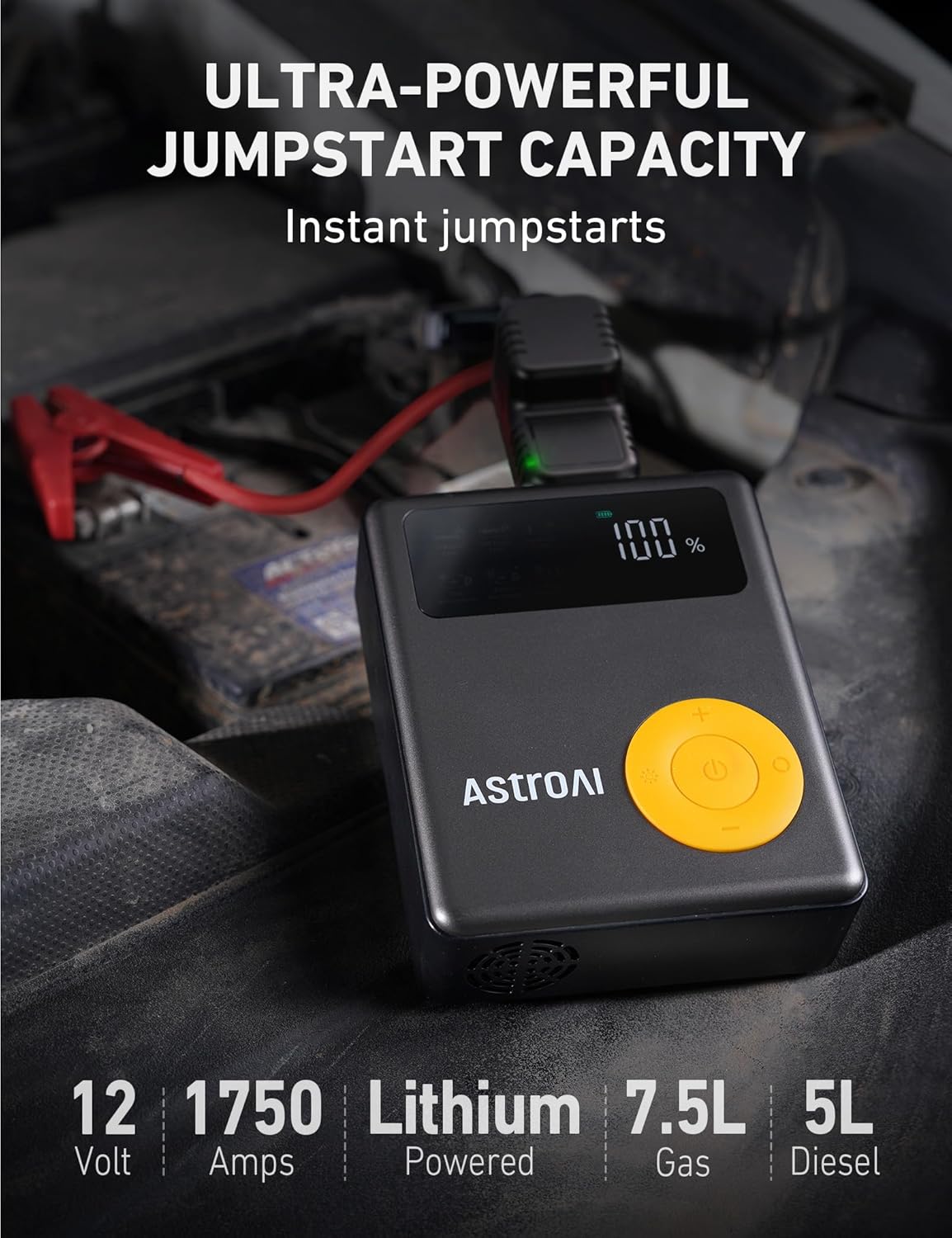 AstroAI Portable Car Jump Starter with Air Compressor, 150PSI 1750A Car Jumper Starter Battery Pack with Cordless Tire Inflator (7.5 Gas/5.0L Diesel), 12V Jump Box, Large LCD Display, Lights(Yellow)