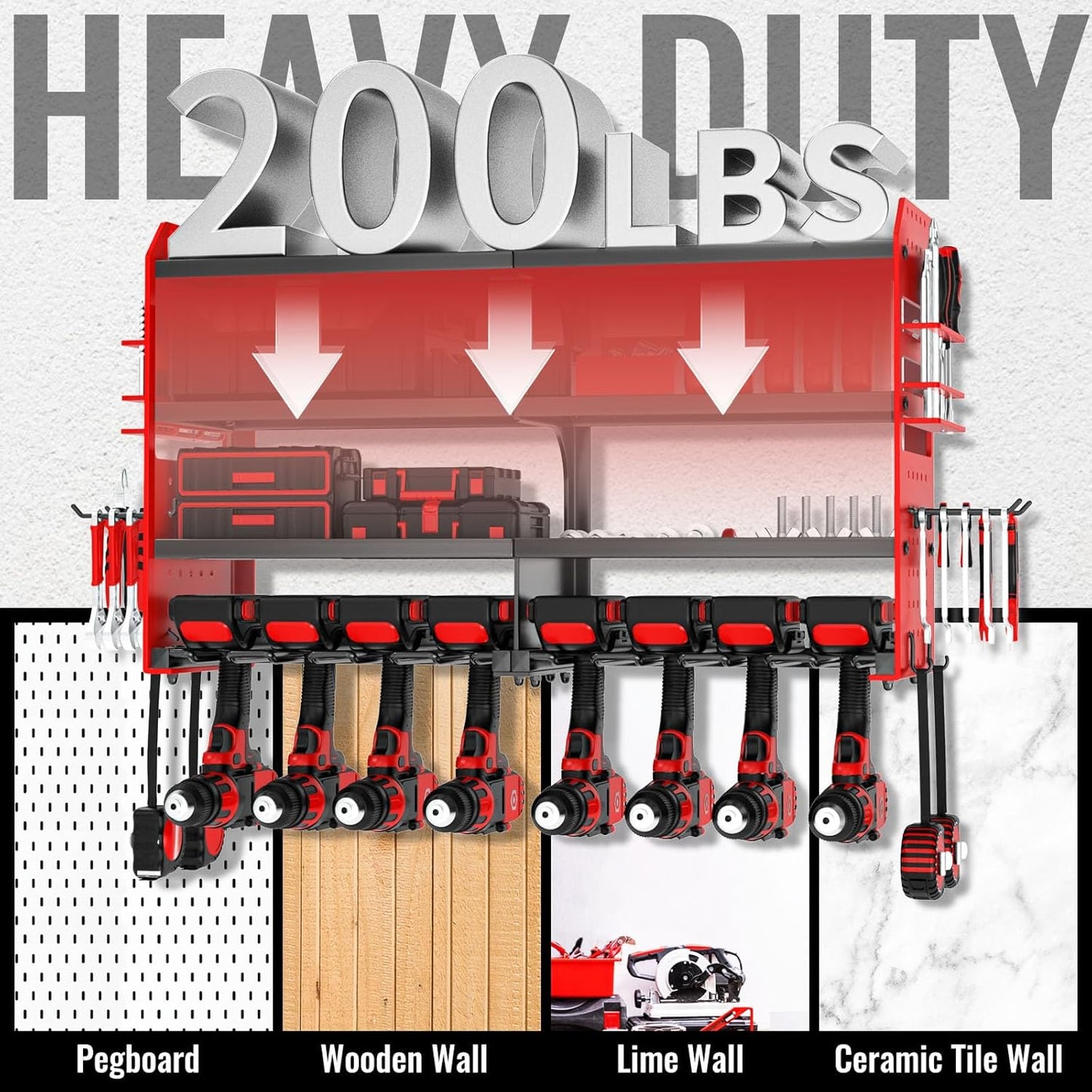 Metal Power Tool Organizer Rack Wall Mount, Garage Tool Drill Storage Shelves with Screwdriver Plier Holder (Red, 8 Drills Holder)
