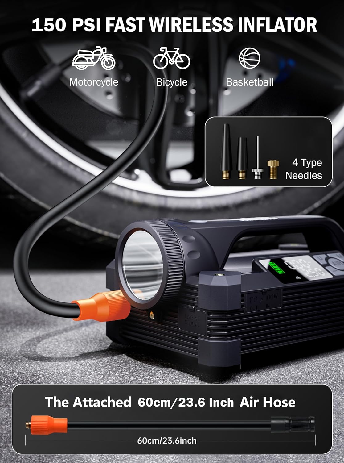 LATIT 6000A Jump Starter with Air Compressor 150PSI 65W Charger, 12V Battery Jumper Starter Pack Portable (10L Gas/8L Diesel), 103.6Wh Jump Box Battery Charger with LCD Display, Lights 2000 LM