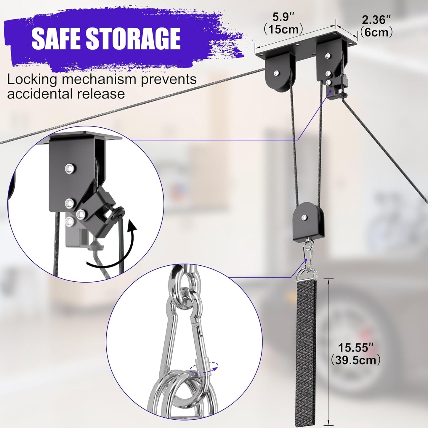 Bike Hoist, Heavy Duty Bike Pulley System for Garage Ceiling Bicycle Hanger, Bike Lift Overhead Storage Holds Up to 85 lbs Capacity, Fit 10-16 Foot Ceilings, Black