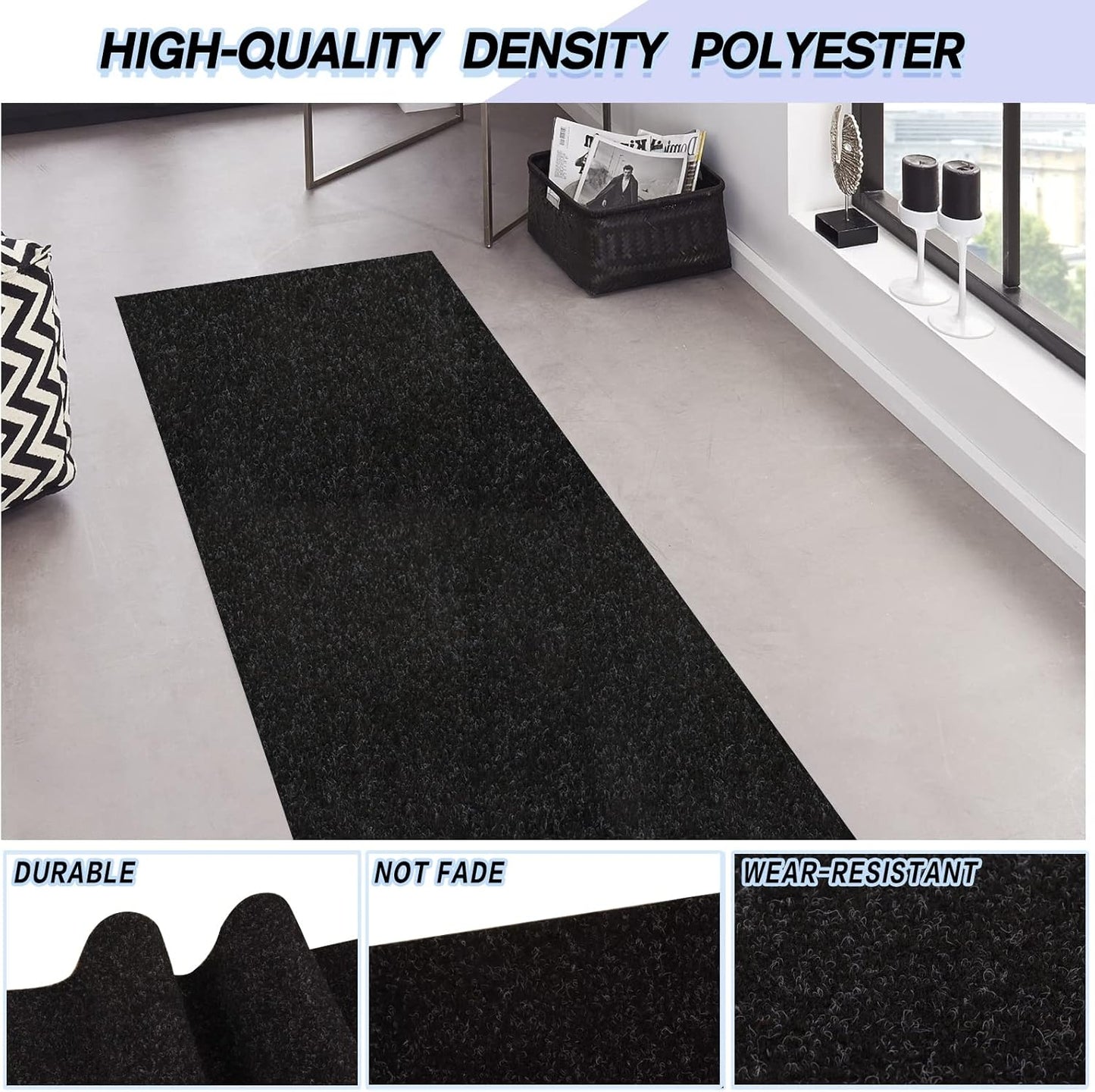 Custom Size Backed Non-Slip Area Rugs Runner, Easy Clean, Waterproof Runner Rugs for Hallway Entryway, Kitchen, Laundry, 3FT x 68FT, Black