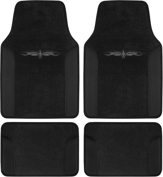 BDK carXS Fresh Two-Tone Carpet Floor Mats, Tribal Tattoo Design with Vinyl Trim for Car Sedan Truck SUV, Front & Rear Set of 4, Black