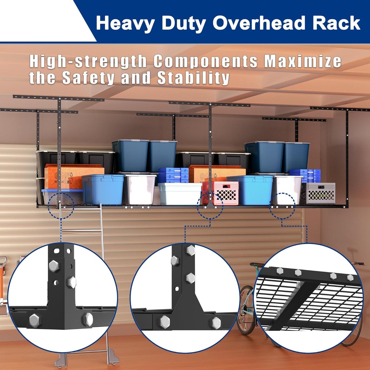 GIOTORENT 3x8FT Heavy Duty Overhead Garage Storage Rack - Adjustable Ceiling Shelving with 600lbs Weight Capacity, Metal Garage Organization System, Black