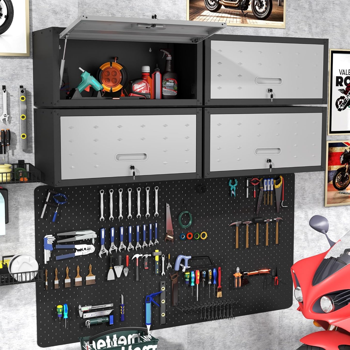 Garage Wall Cabinet with Flip-Up Door, Lockable Metal Storage Cabinet Wall Mounted, Hanging Tool Cabinet for Garage Basement Utility Room (Black &Grey)