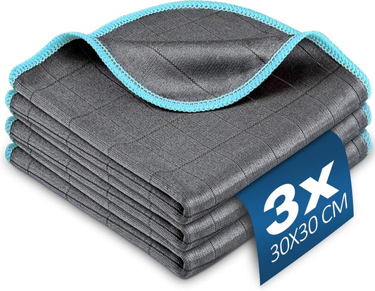 Airlab Carbon Microfiber Towels for Car Glass Window Polishing Cleaning Cloth Auto Detailing Lint Free Streak Free Drying Car Wash Towel, Pack of 3, 12" x 12", Grey-Blue